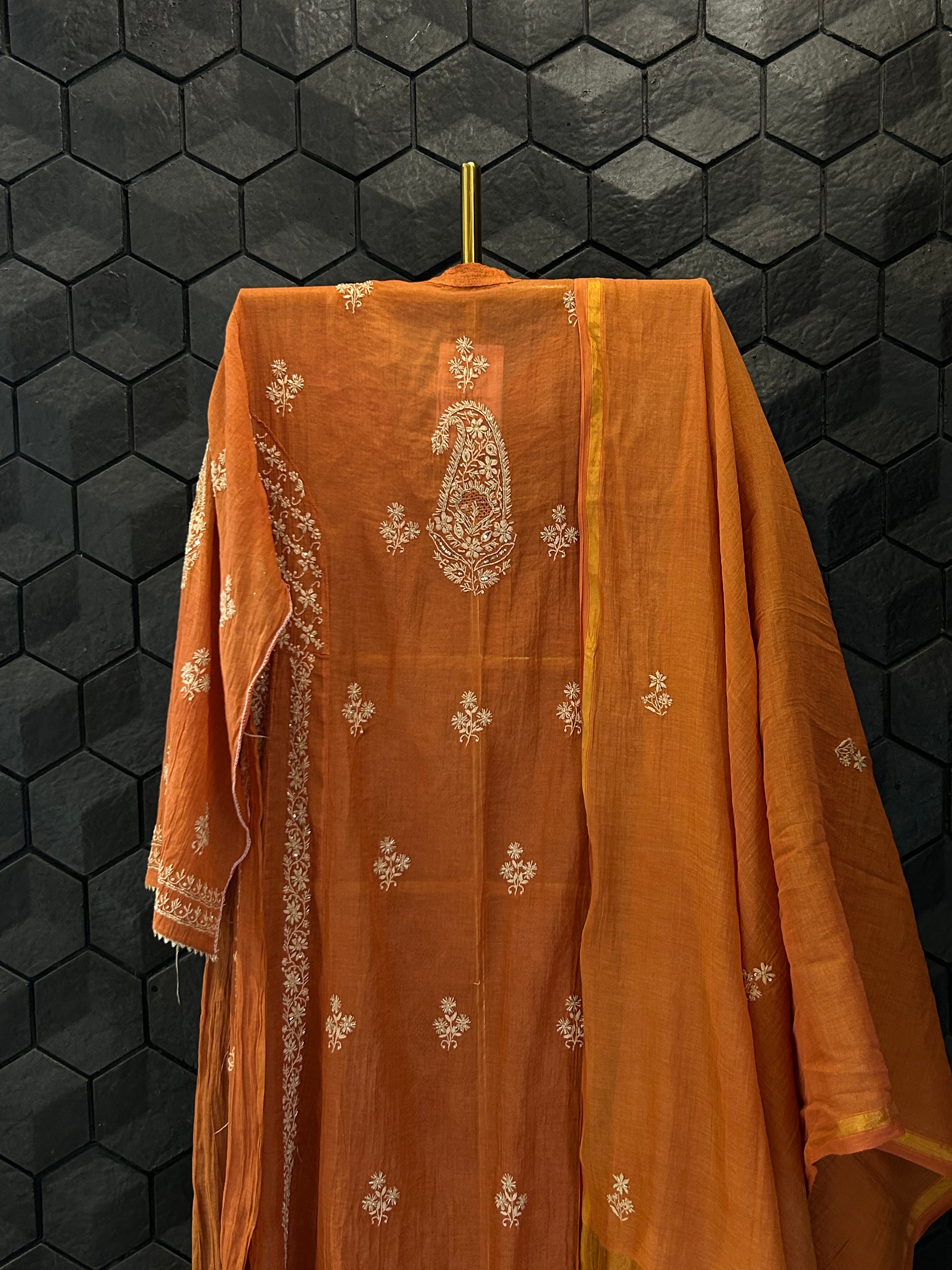 Orange Golden Tissue Chikankari Anarkali Set
