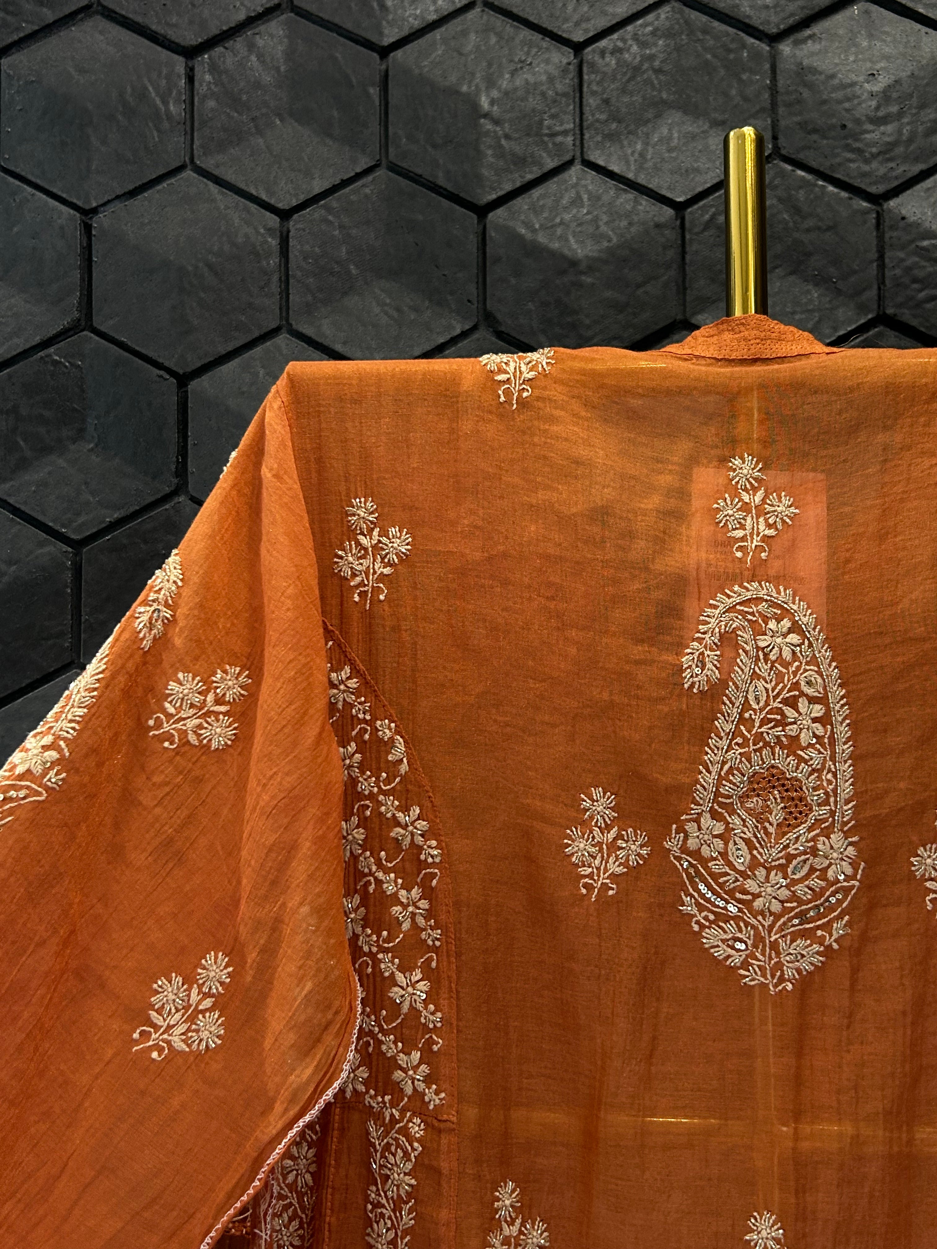 Orange Golden Tissue Chikankari Anarkali Set