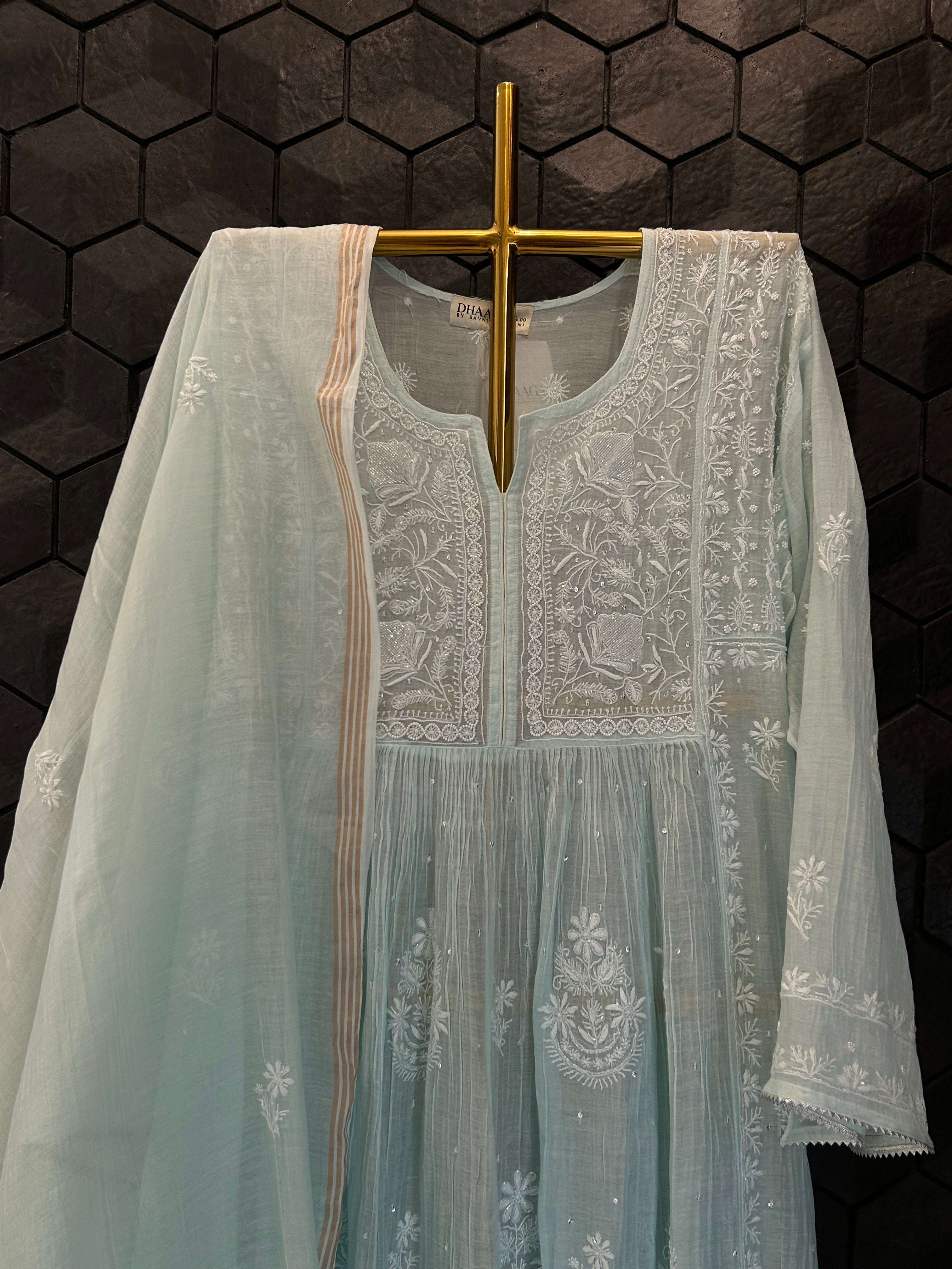Sea Green Mul Chanderi Chikankari Kurta Set