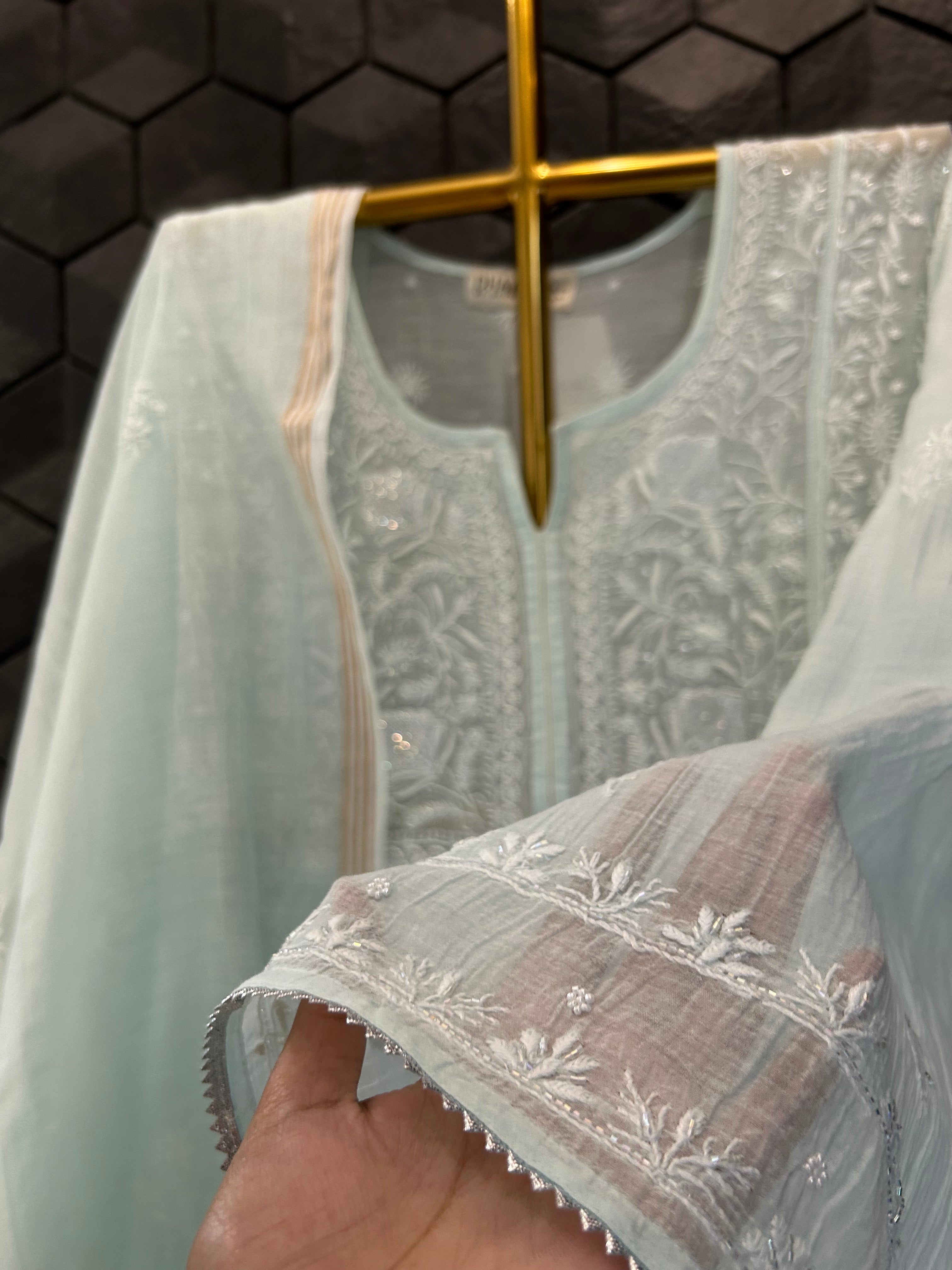 Sea Green Mul Chanderi Chikankari Kurta Set