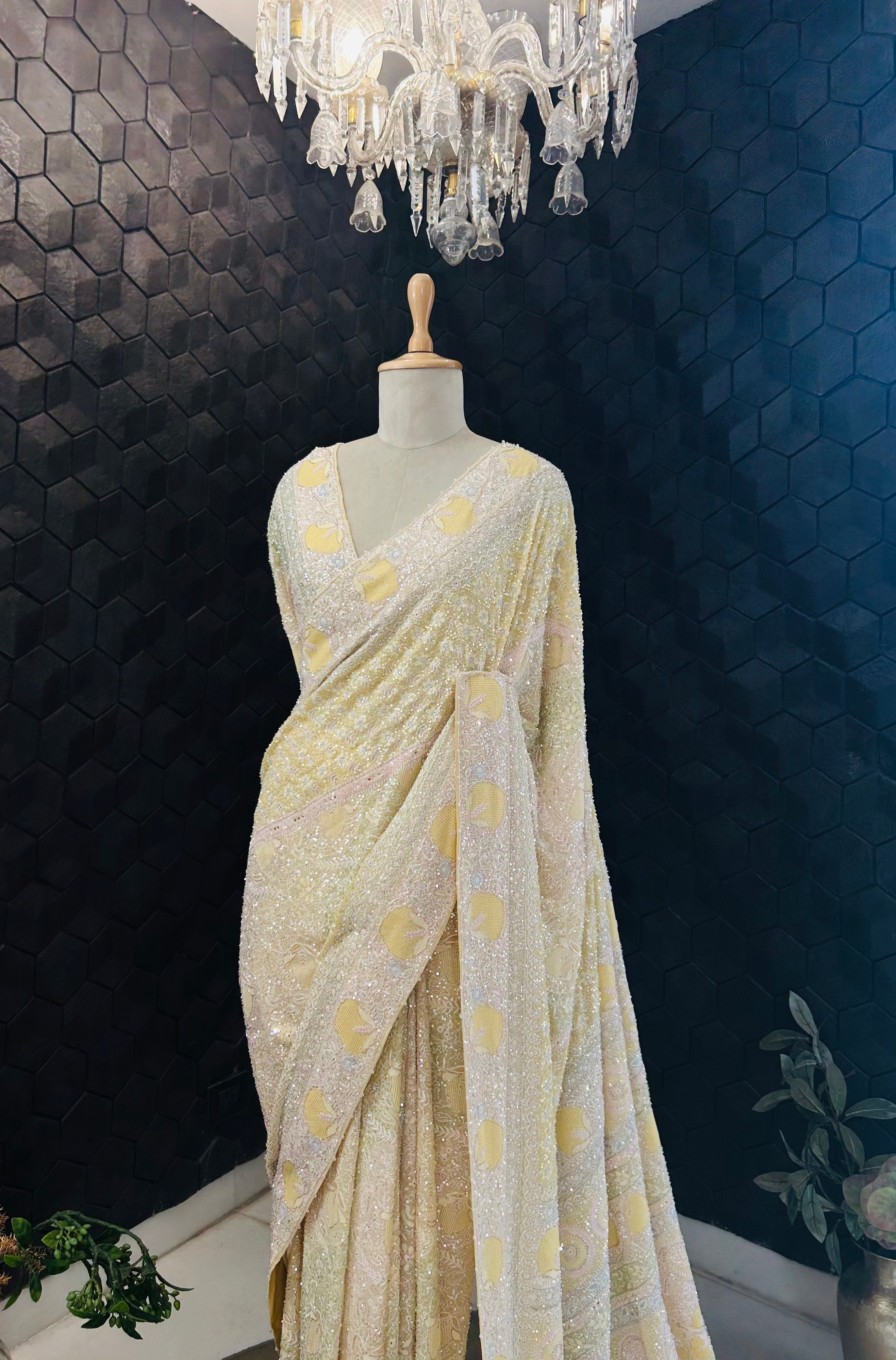 Premium Yellow Georgette saree with statement jaal work