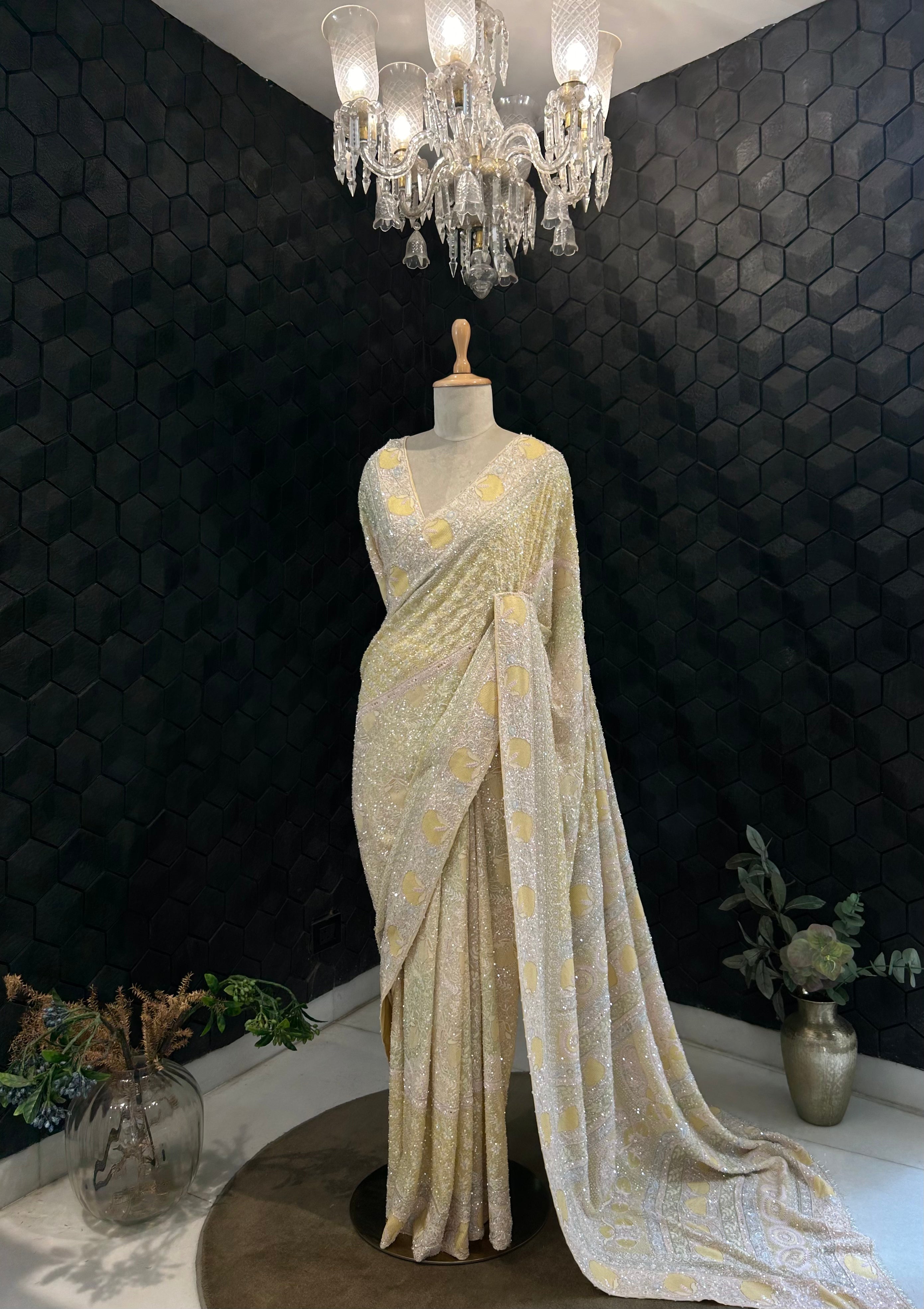 Premium Yellow Georgette saree with statement jaal work