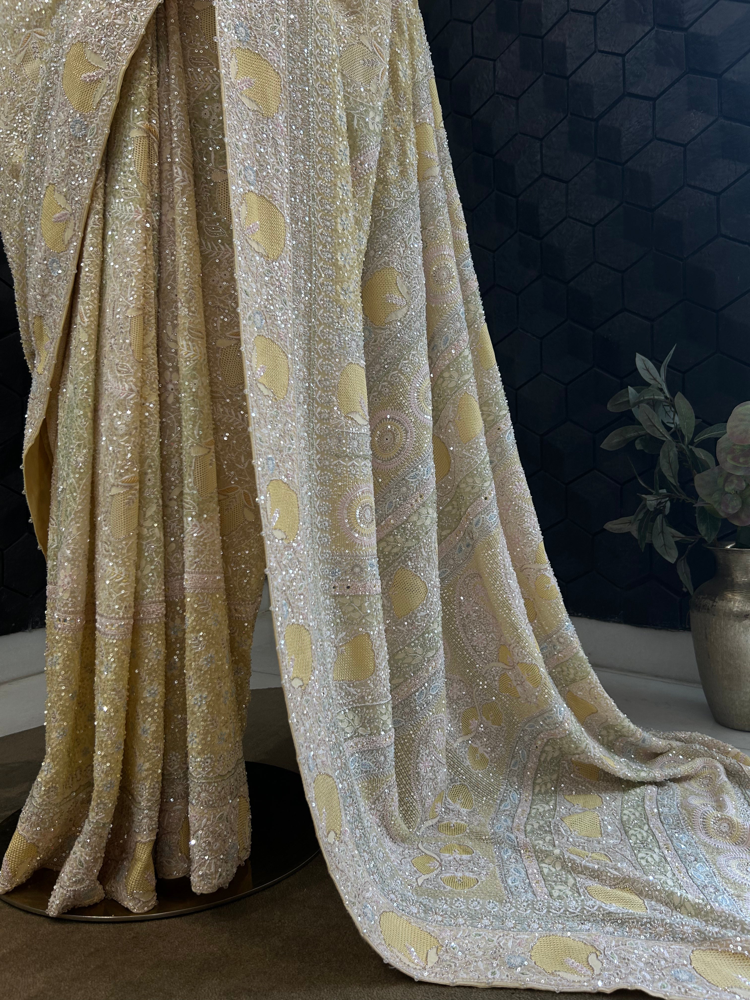 Premium Yellow Georgette saree with statement jaal work