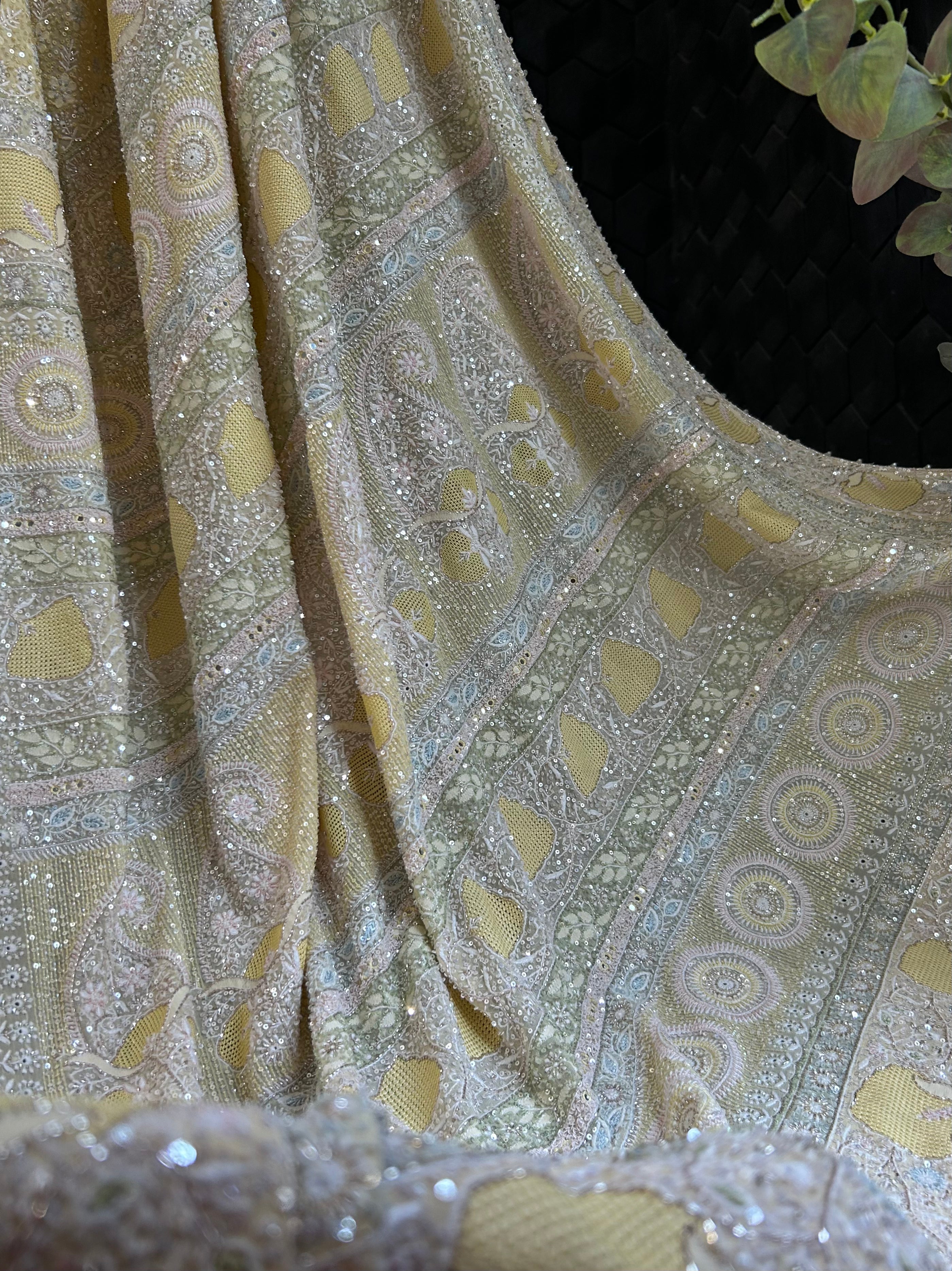 Premium Yellow Georgette saree with statement jaal work