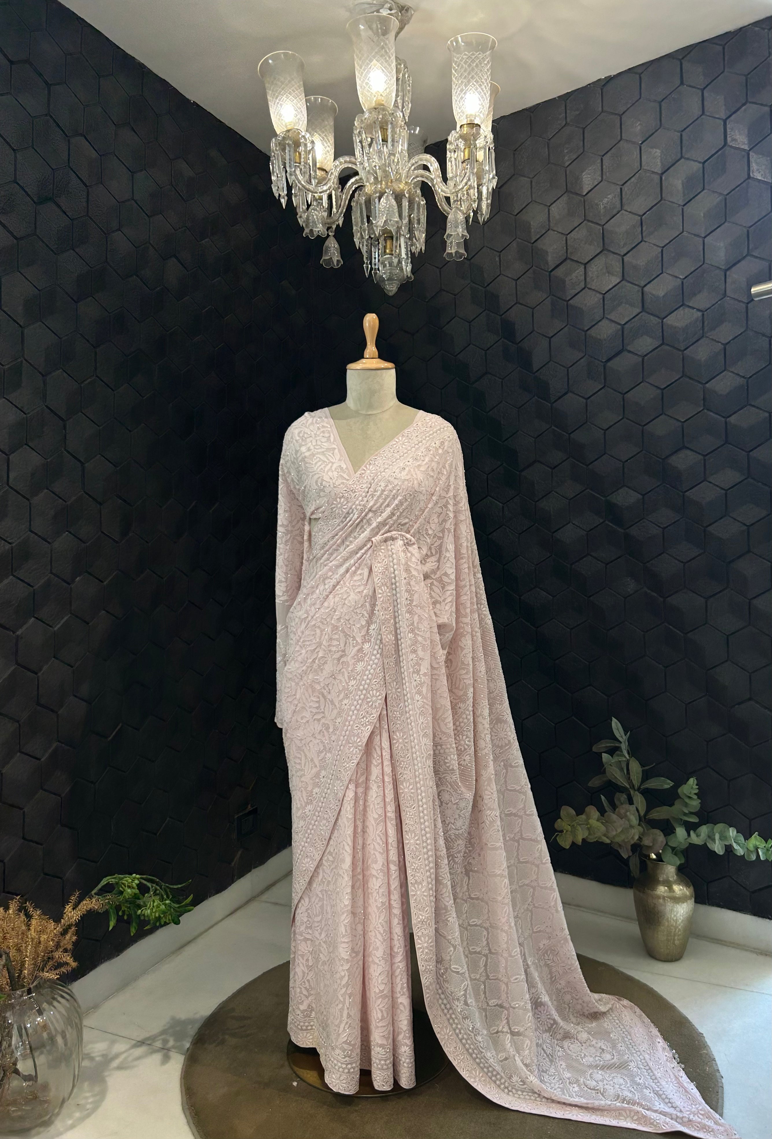 Premium Pink Georgette chikankari saree with statement heavy jaal