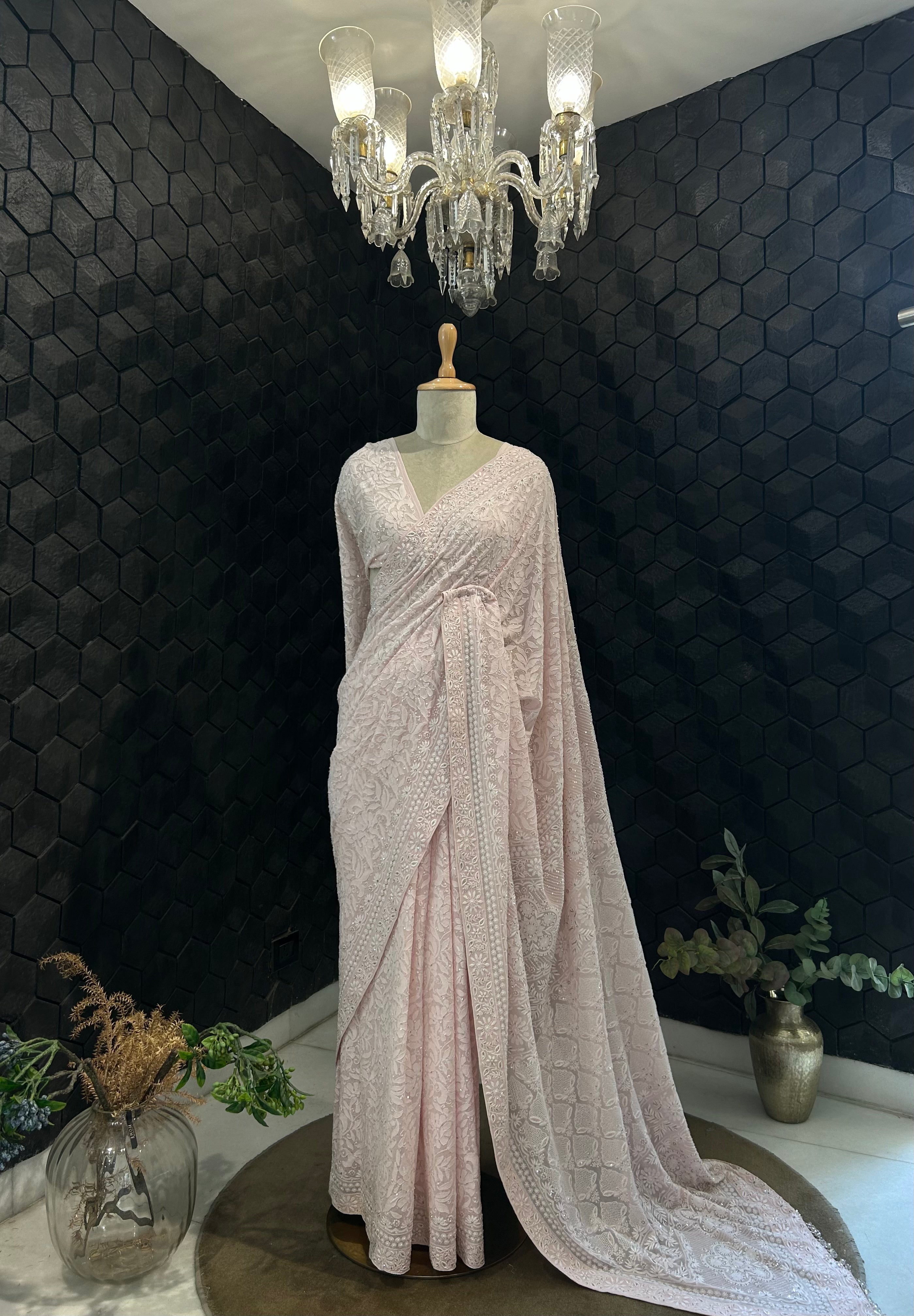 Premium Pink Georgette chikankari saree with statement heavy jaal