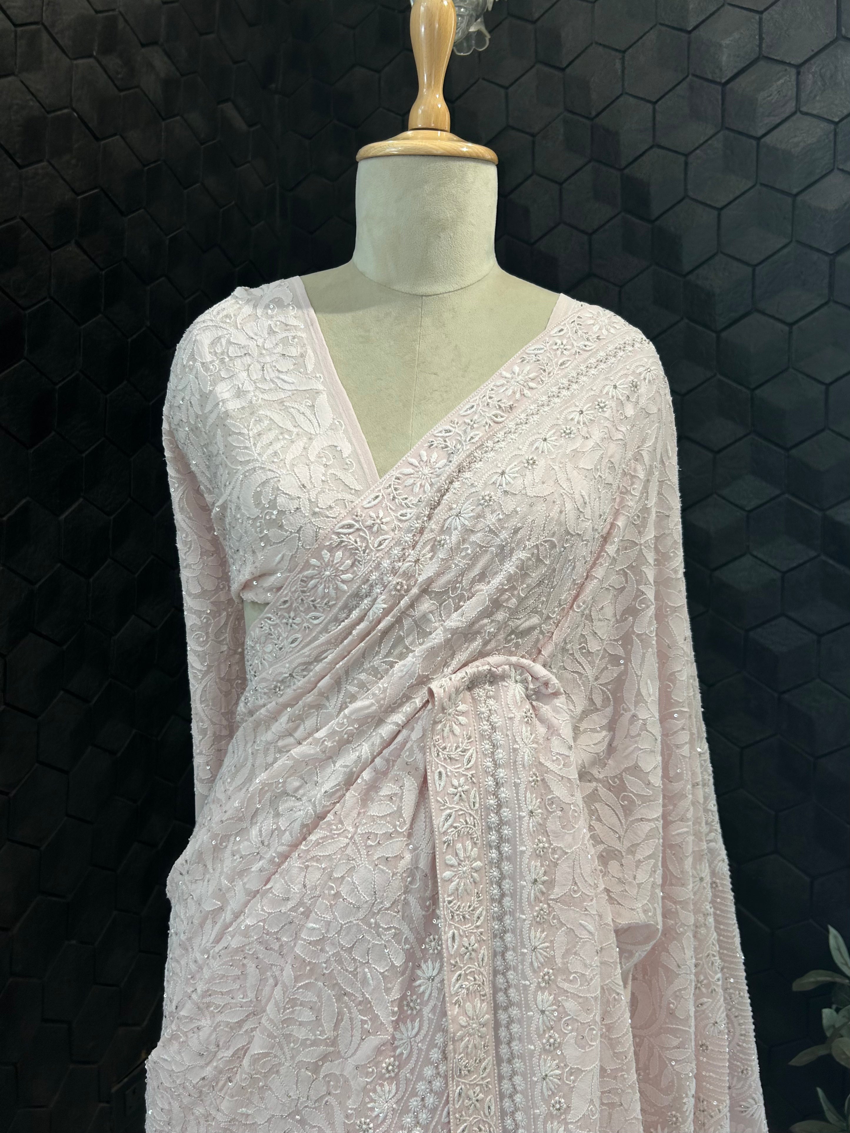 Premium Pink Georgette chikankari saree with statement heavy jaal