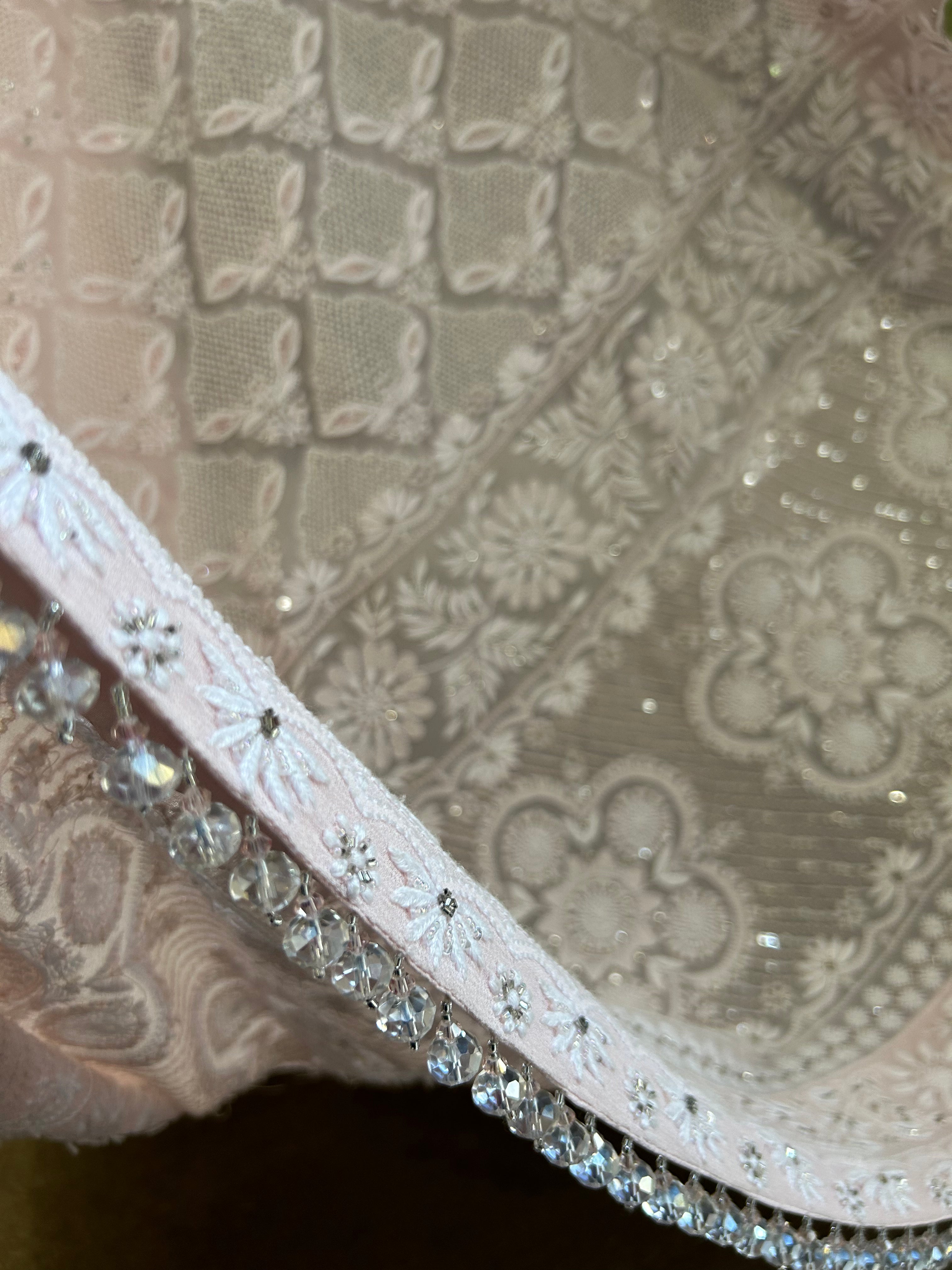 Premium Pink Georgette chikankari saree with statement heavy jaal