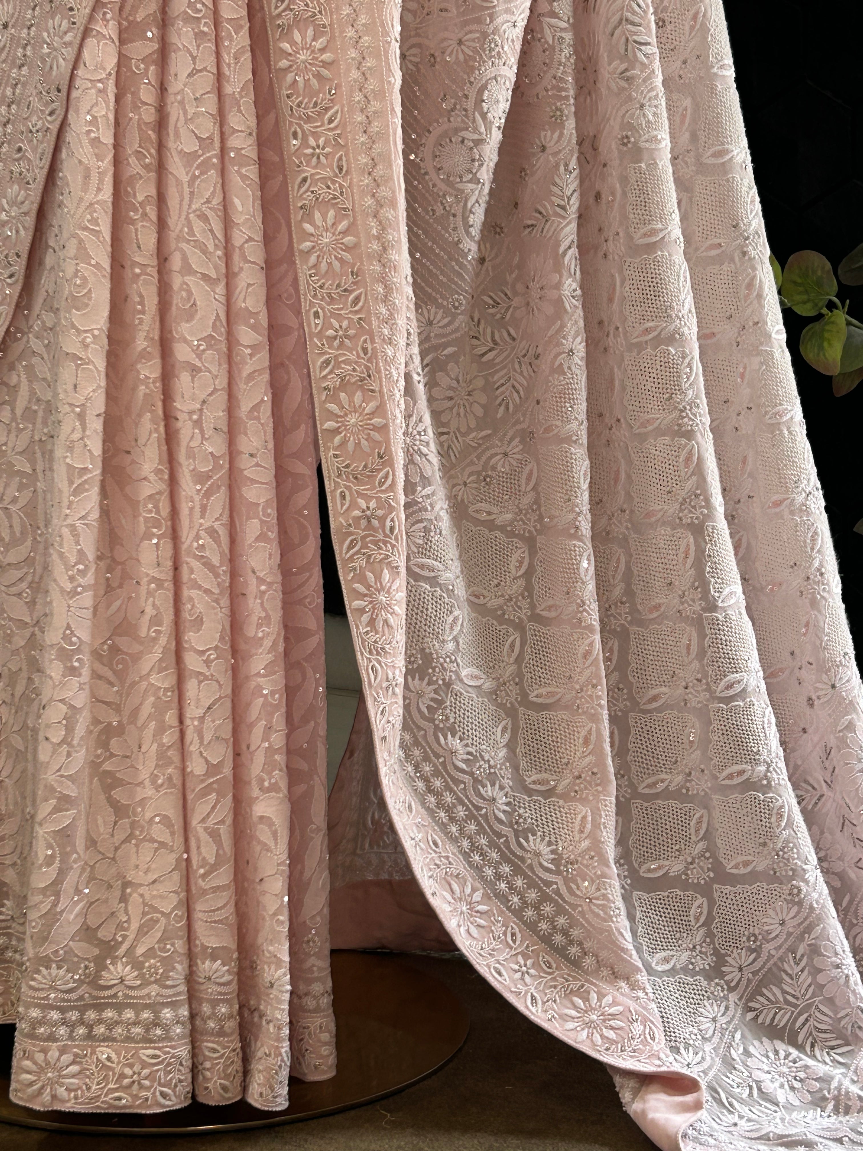 Premium Pink Georgette chikankari saree with statement heavy jaal
