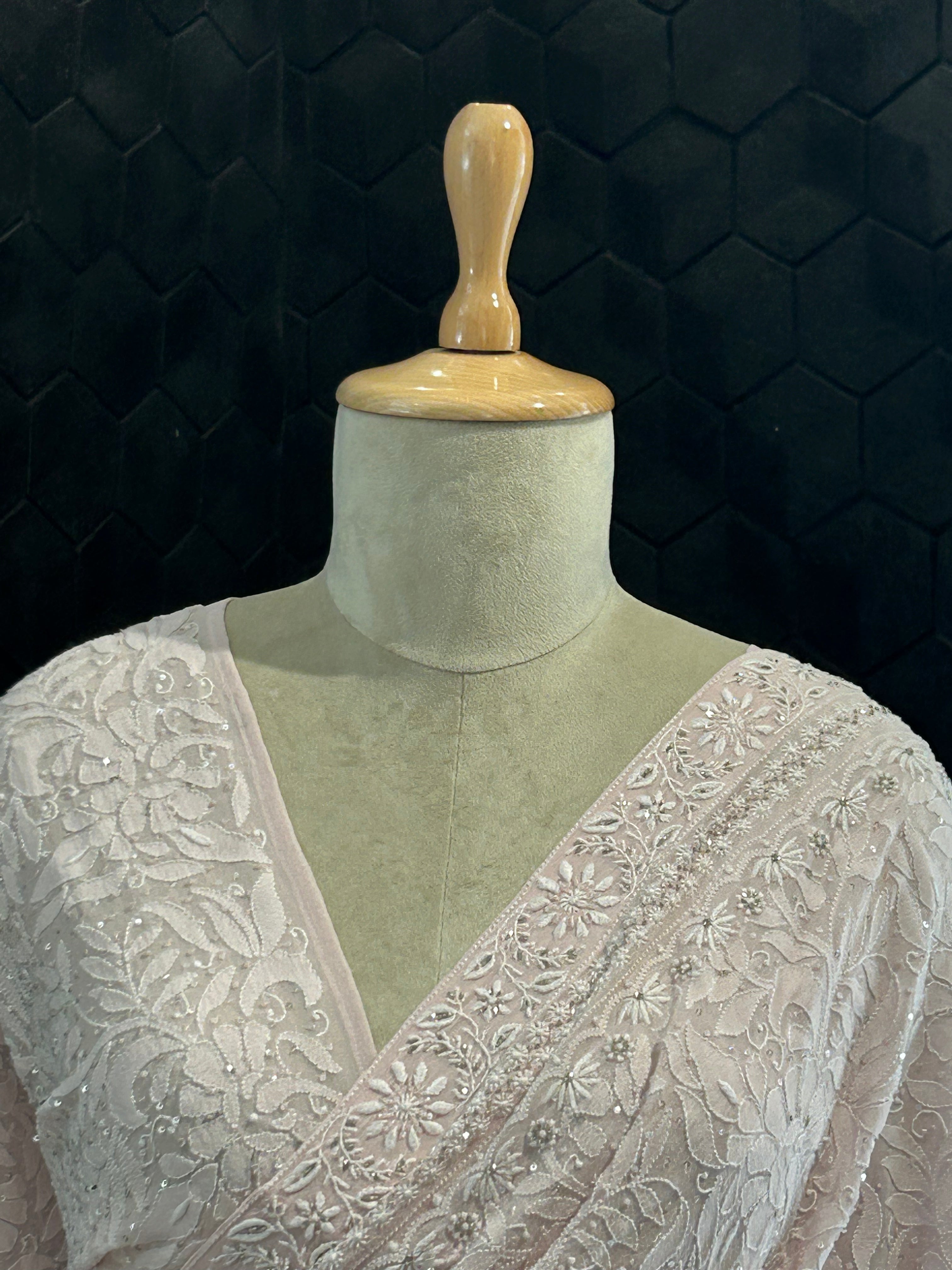 Premium Pink Georgette chikankari saree with statement heavy jaal