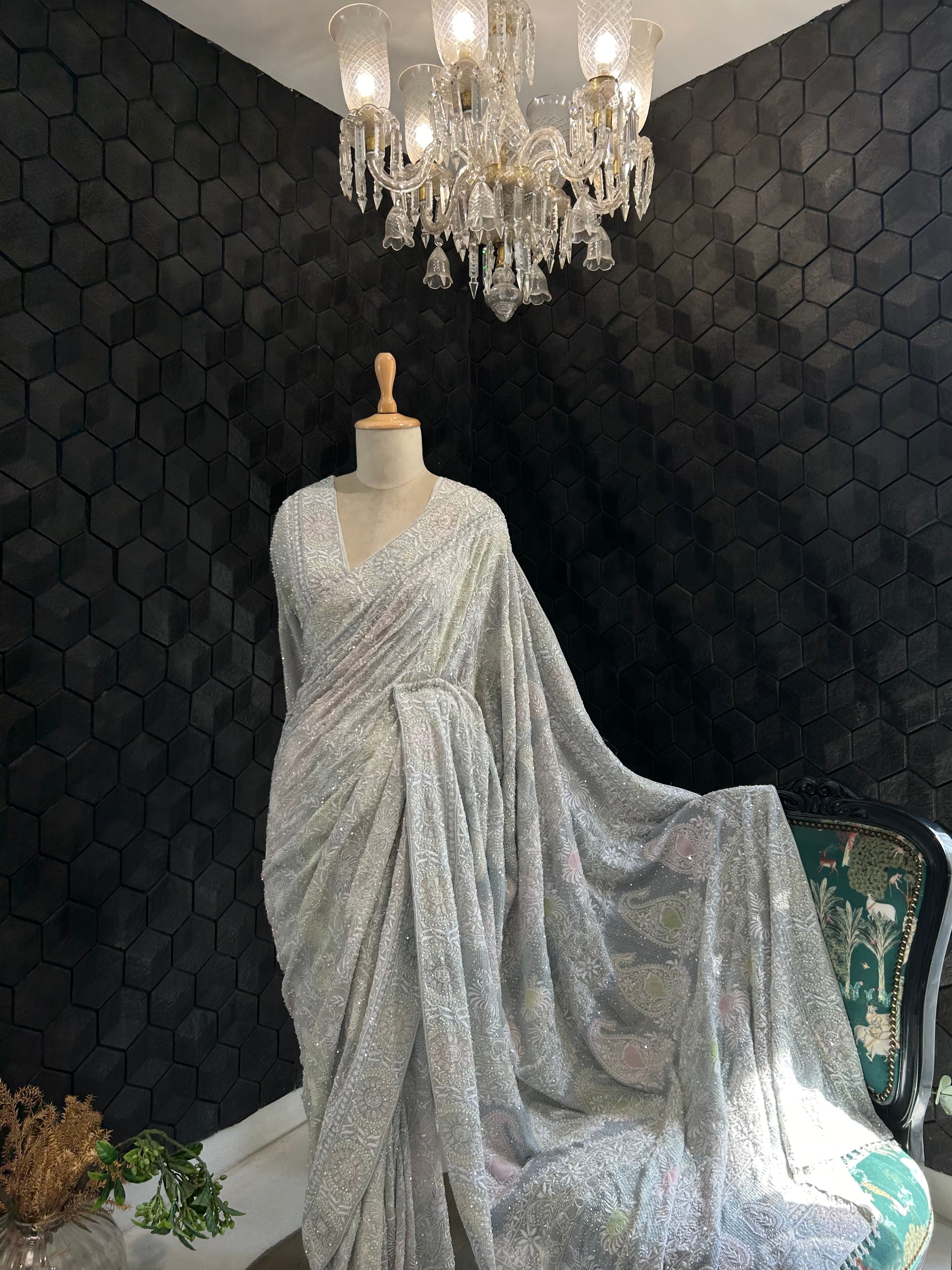 Premium Ash Blue Georgette Chikankari Saree with intricate flower boota