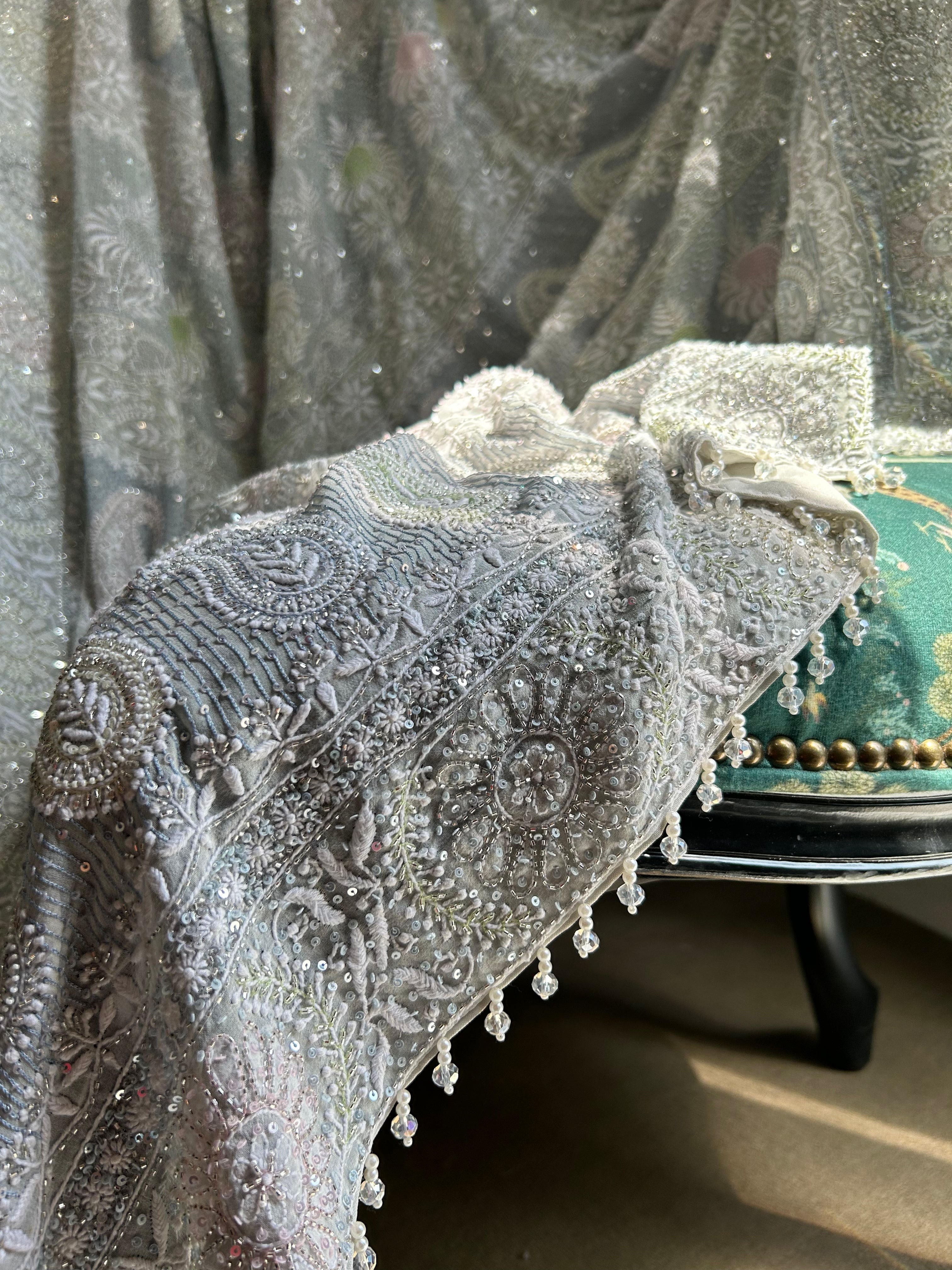 Premium Ash Blue Georgette Chikankari Saree with intricate flower boota