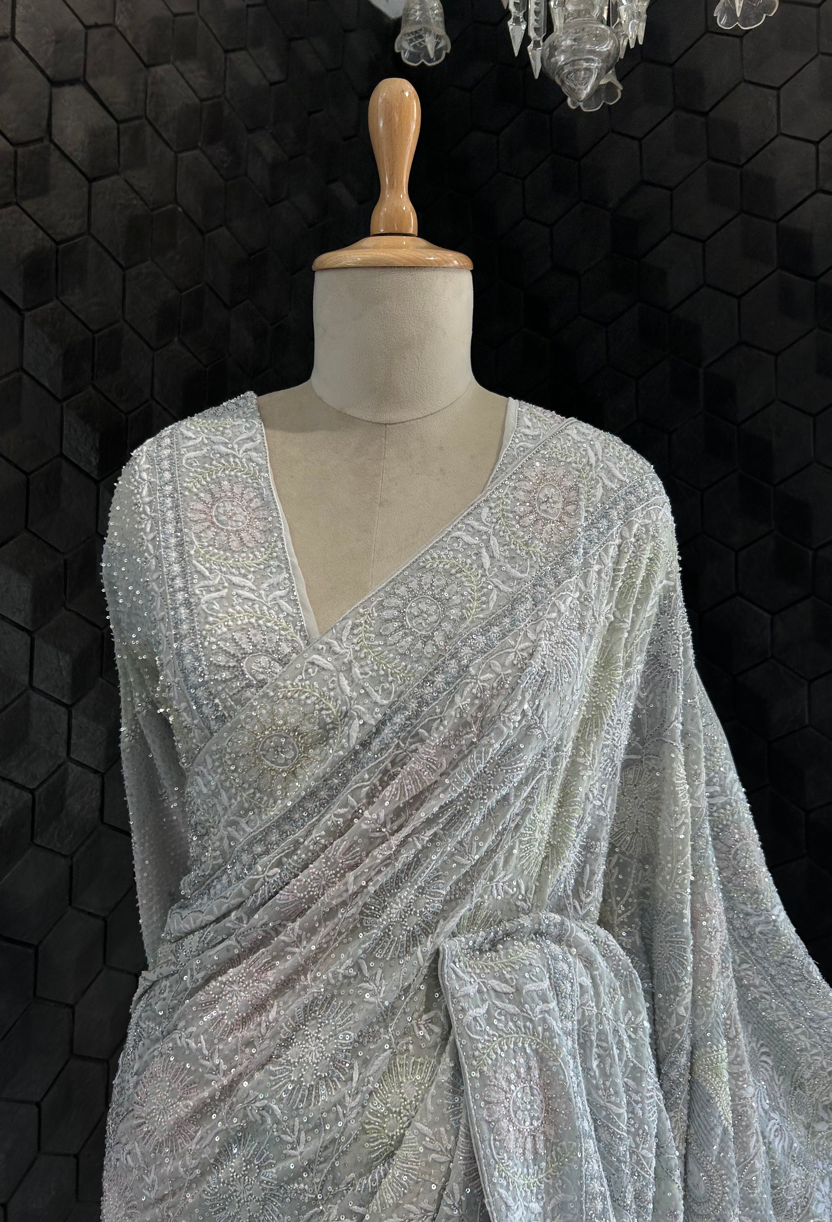 Premium Ash Blue Georgette Chikankari Saree with intricate flower boota