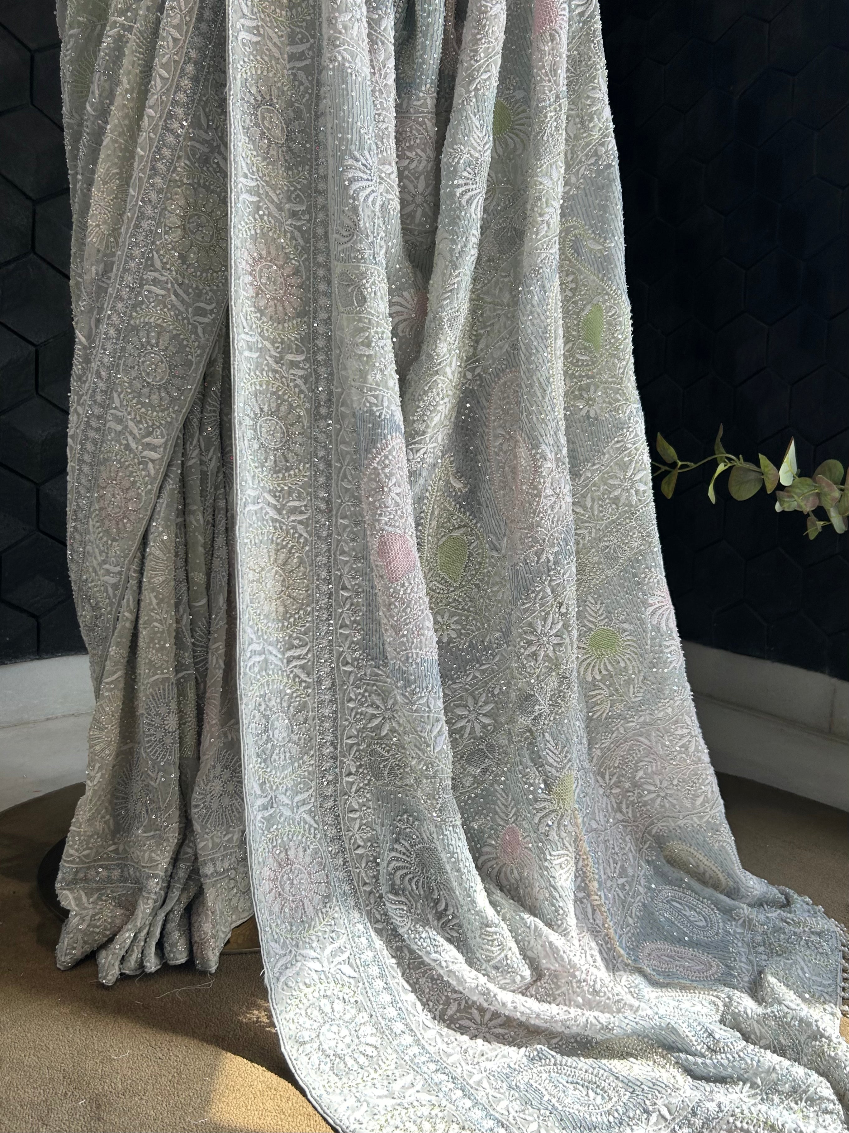 Premium Ash Blue Georgette Chikankari Saree with intricate flower boota