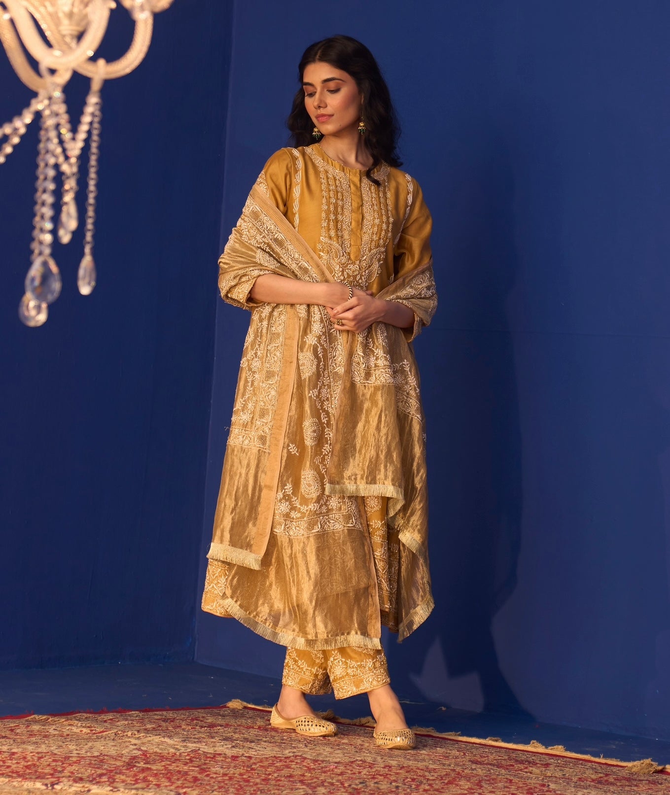 Mustard Yellow Chanderi Chikankari Anarkali