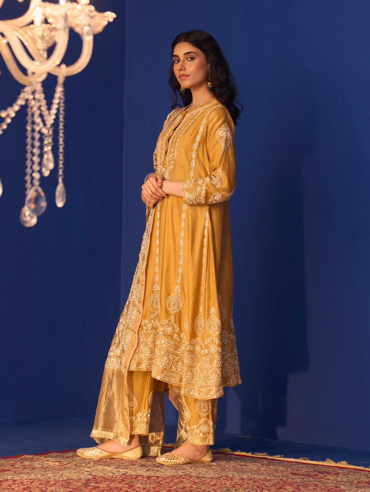 Mustard Yellow Chanderi Chikankari Anarkali