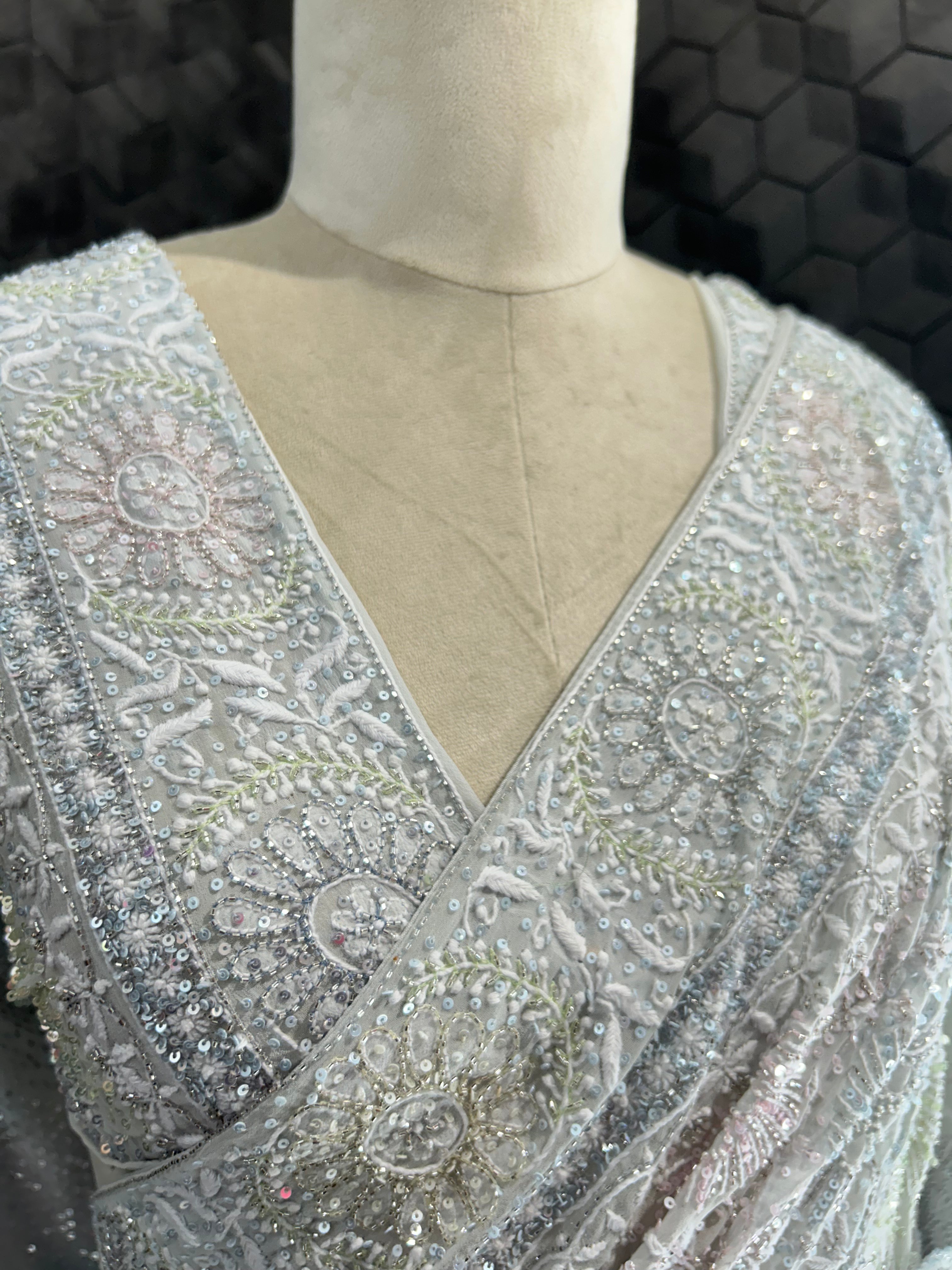 Premium Ash Blue Georgette Chikankari Saree with intricate flower boota