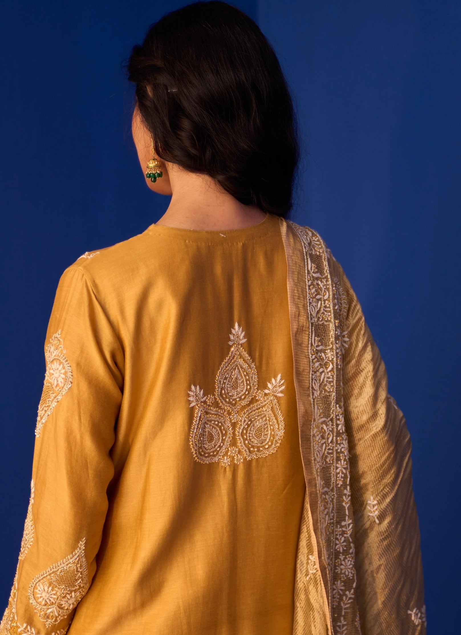 Mustard Yellow Chanderi Chikankari Anarkali