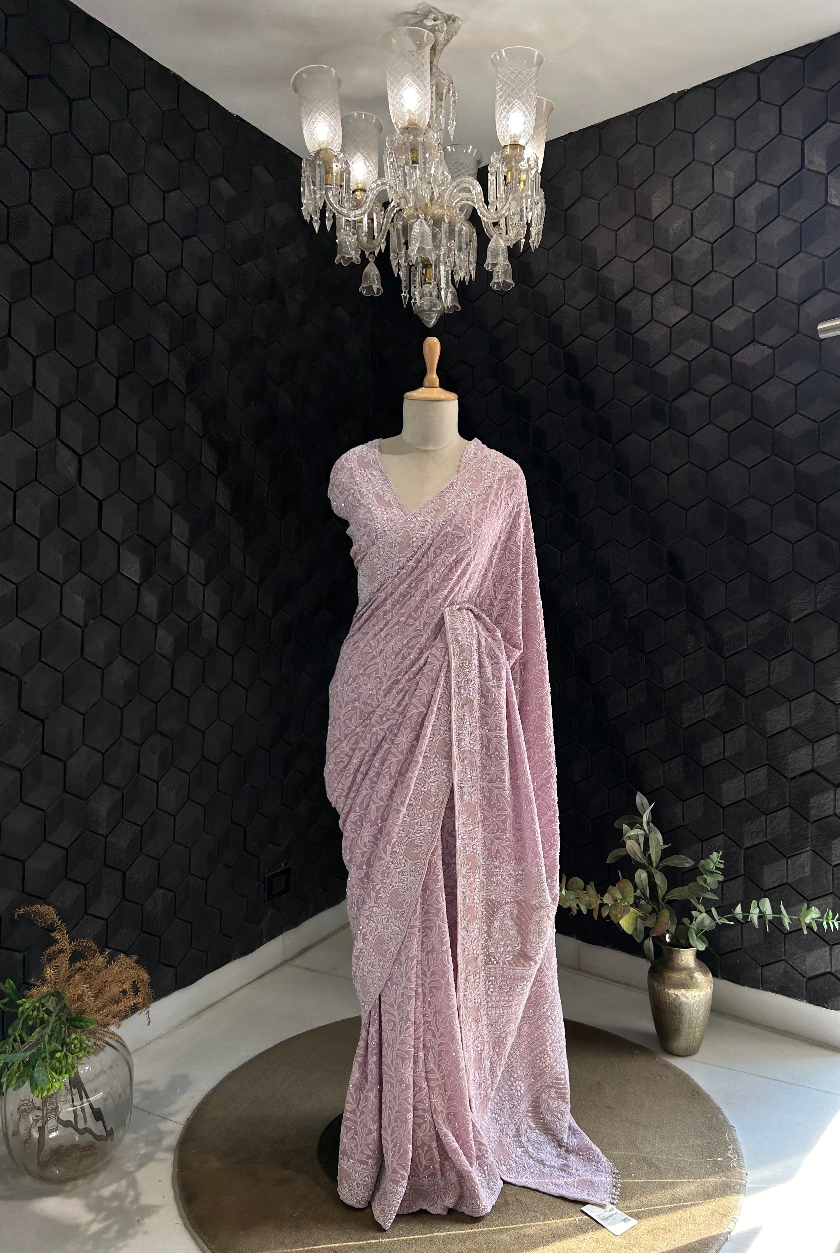 Exclusive Lavender Georgette Chikankari Saree with statement jaal boota