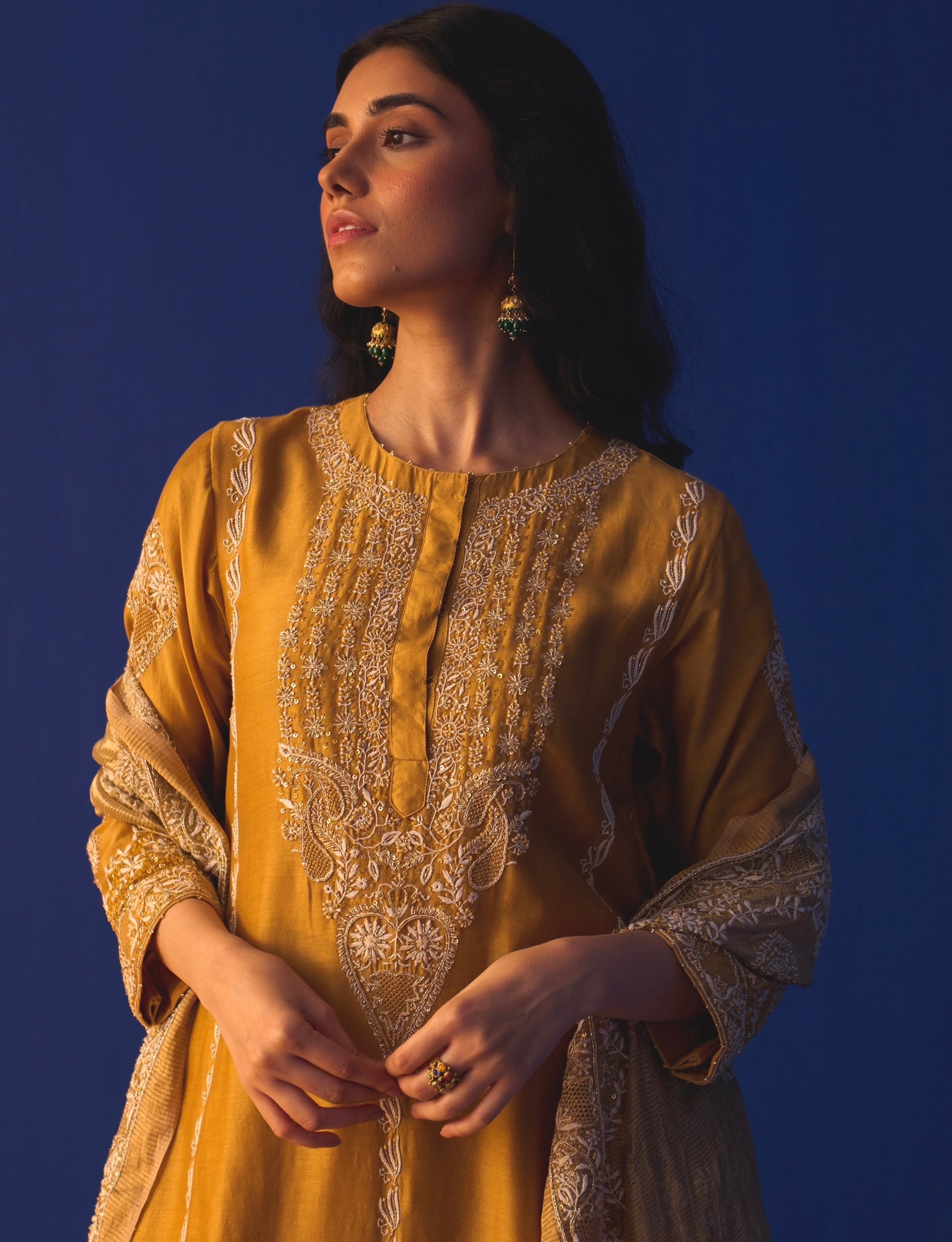 Mustard Yellow Chanderi Chikankari Anarkali