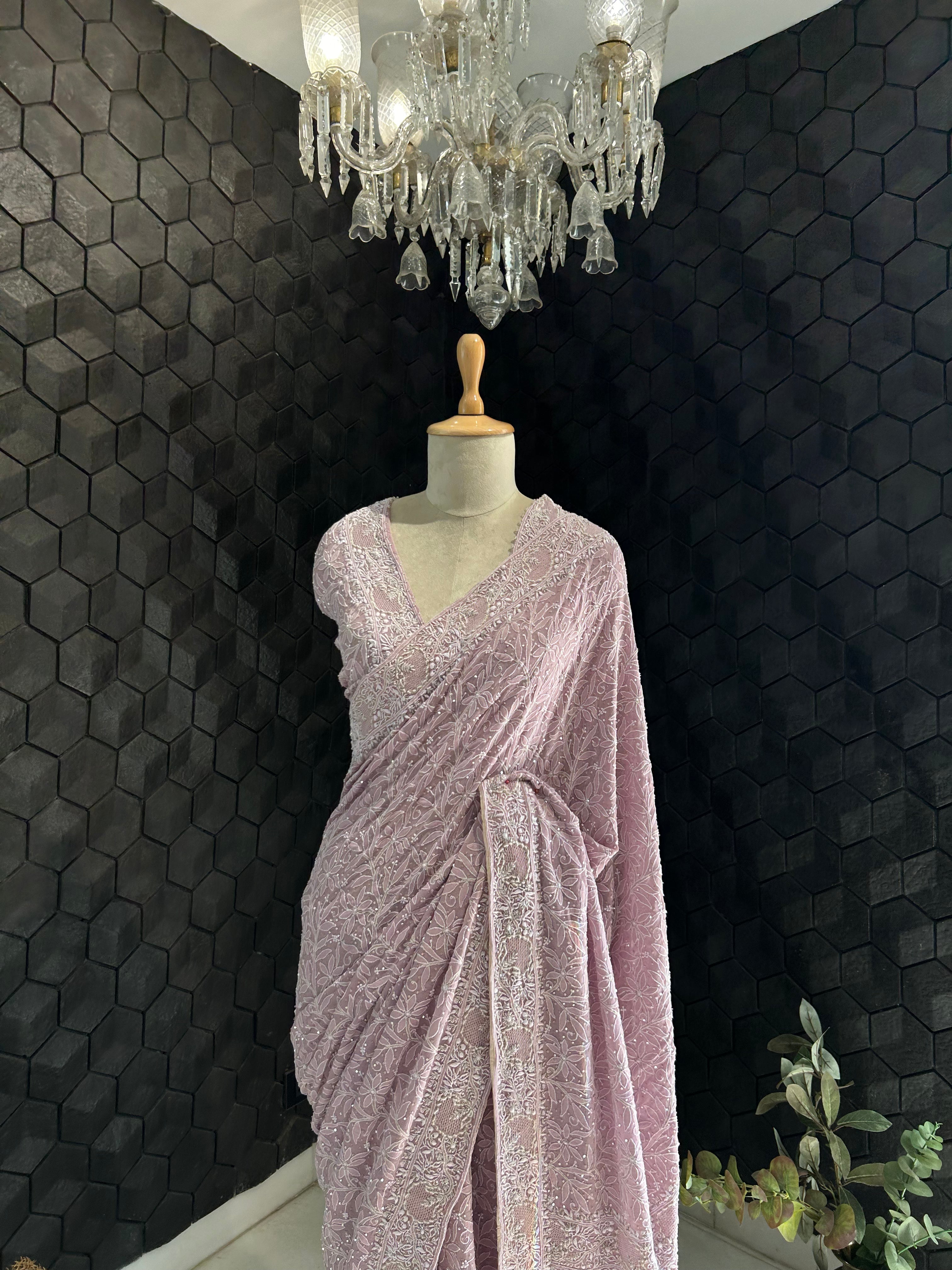 Exclusive Lavender Georgette Chikankari Saree with statement jaal boota