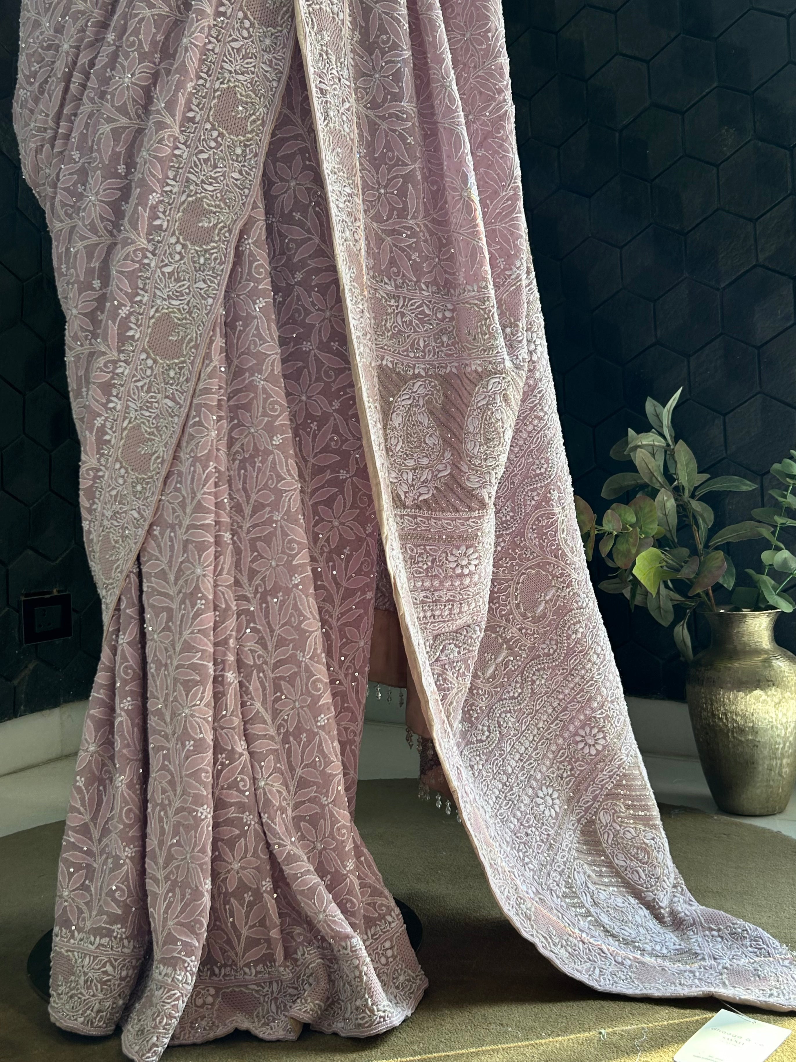 Exclusive Lavender Georgette Chikankari Saree with statement jaal boota