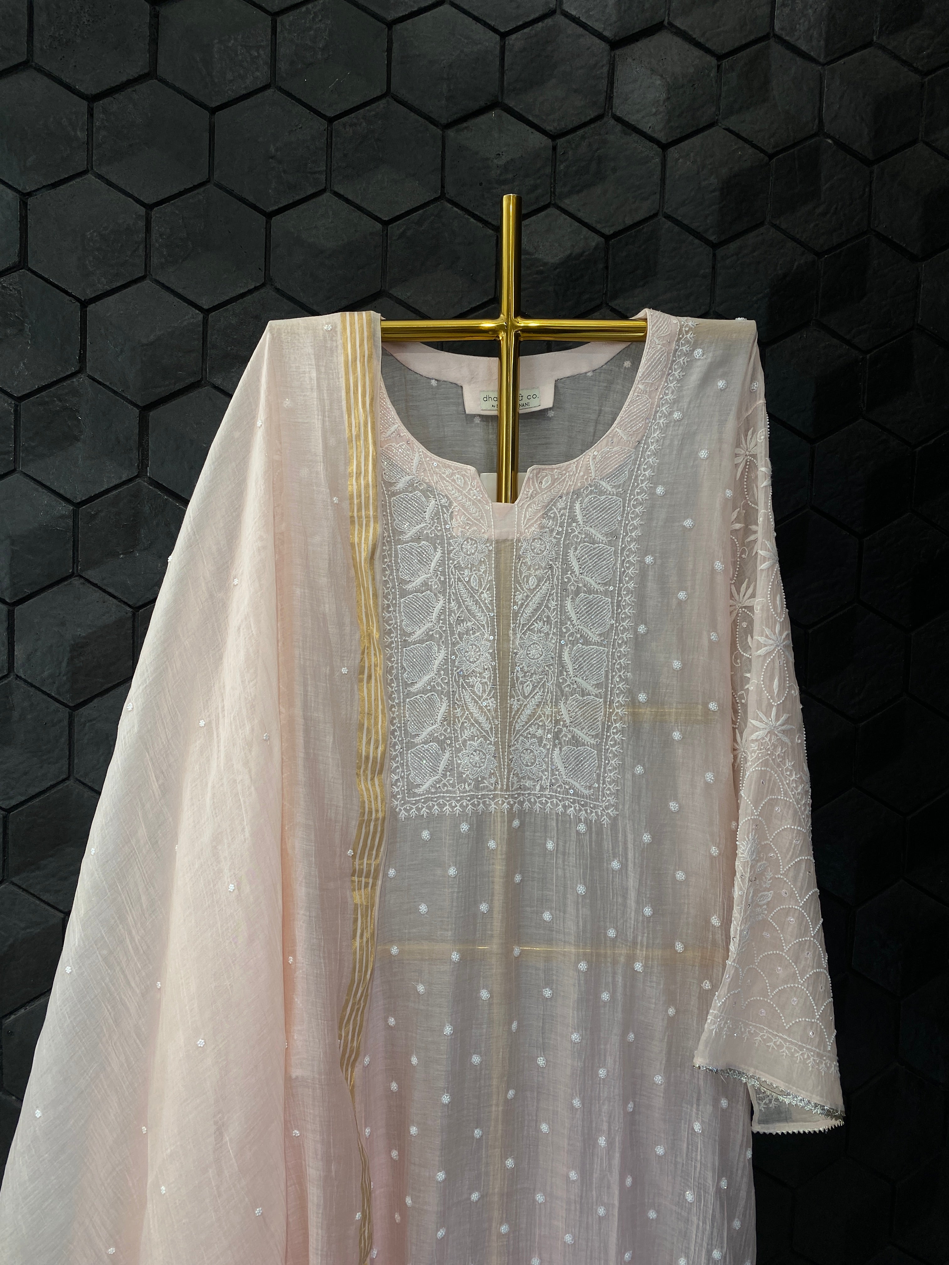 Pink Mul Chanderi Chikankari Kurta Set