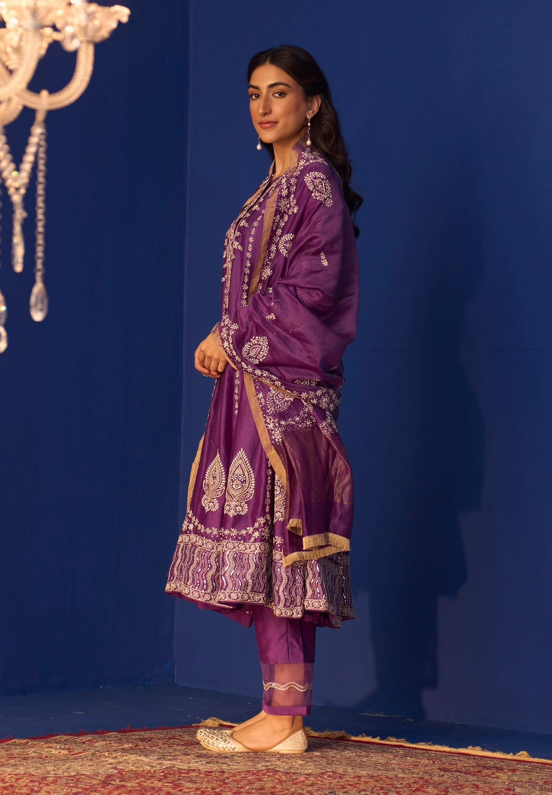 Purple Chanderi Chikankari Anarkali with Detailed Pants