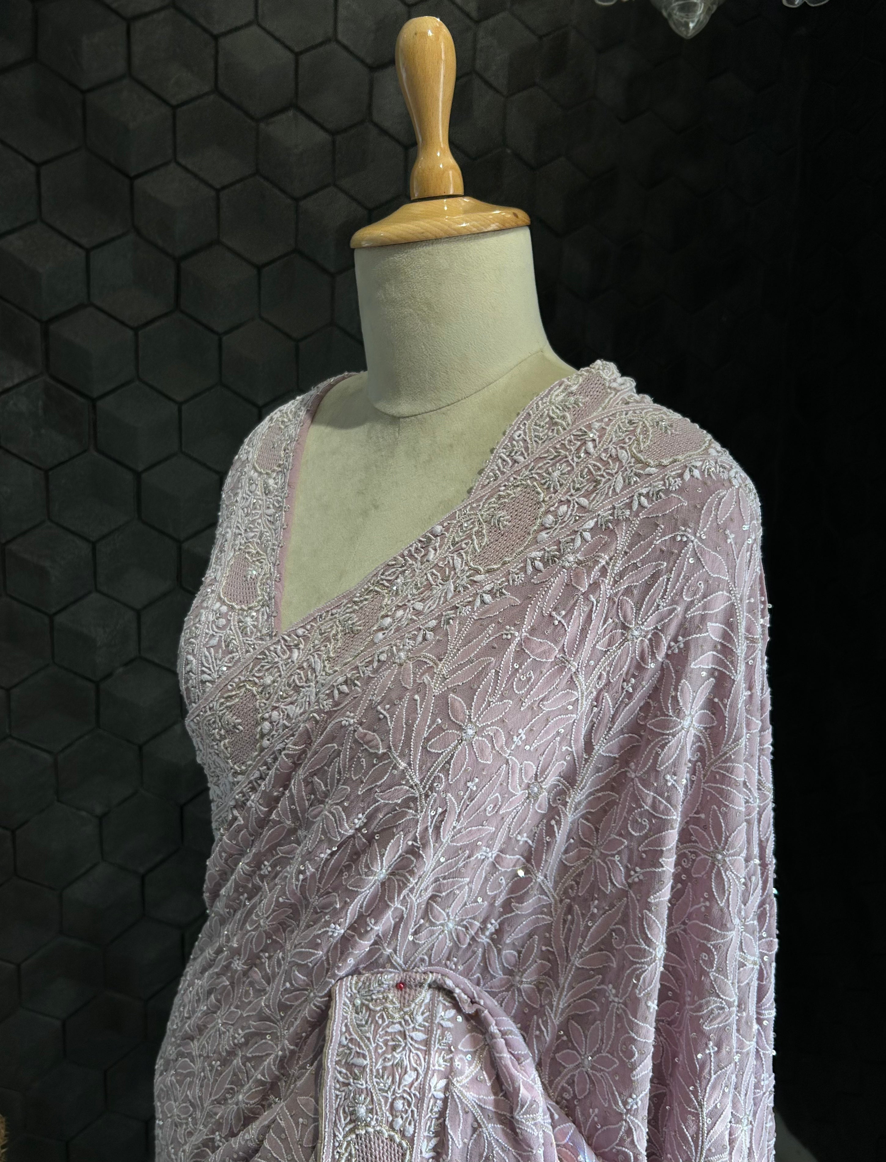 Exclusive Lavender Georgette Chikankari Saree with statement jaal boota