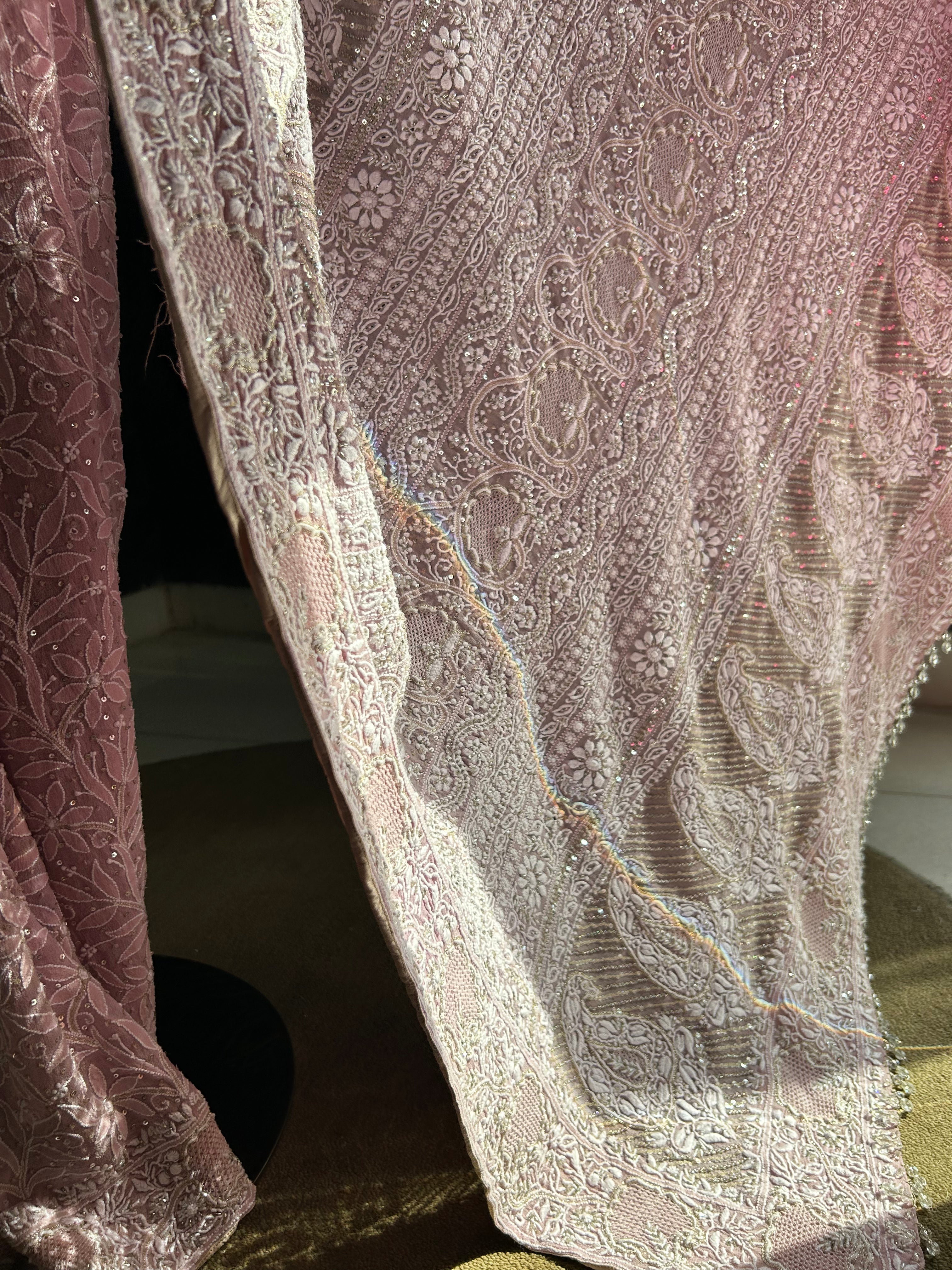 Exclusive Lavender Georgette Chikankari Saree with statement jaal boota