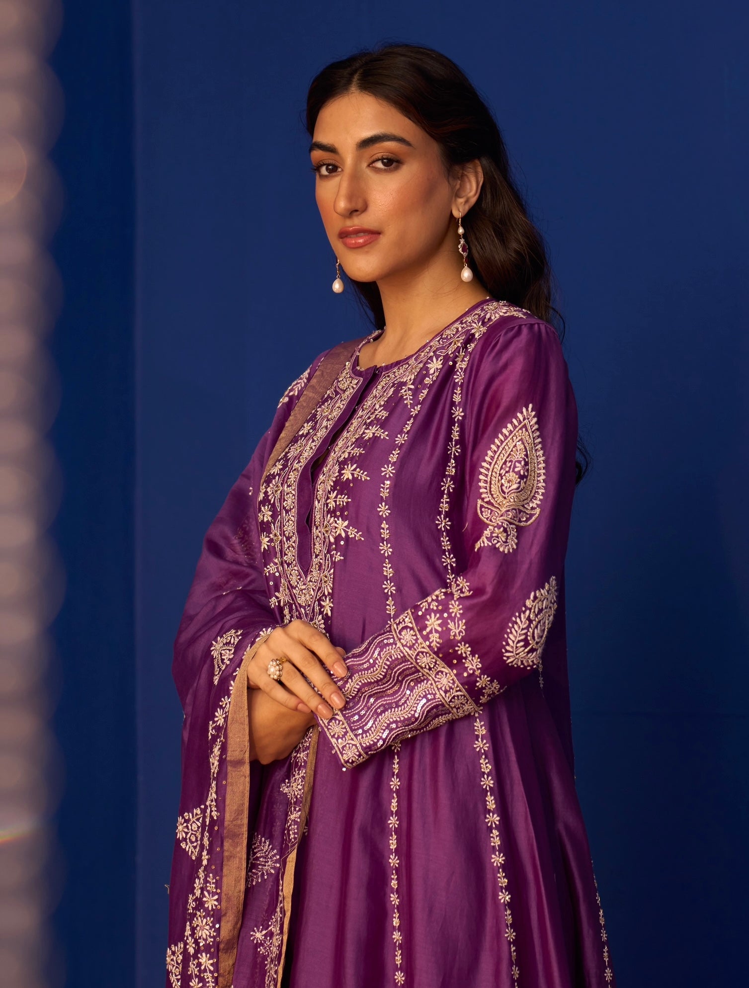 Purple Chanderi Chikankari Anarkali with Detailed Pants