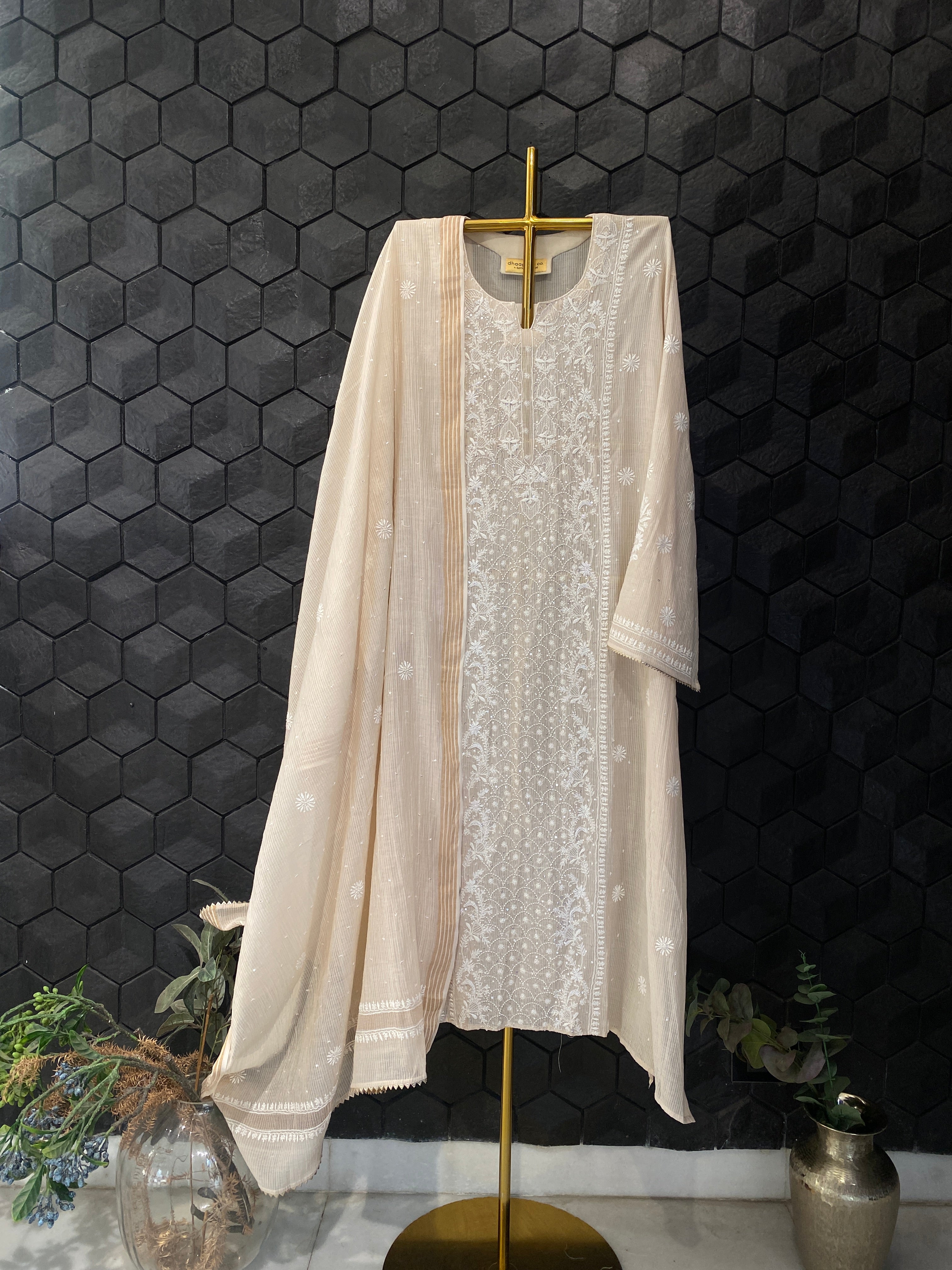 Beige Maheshwari  Chikankari Kurta  Set