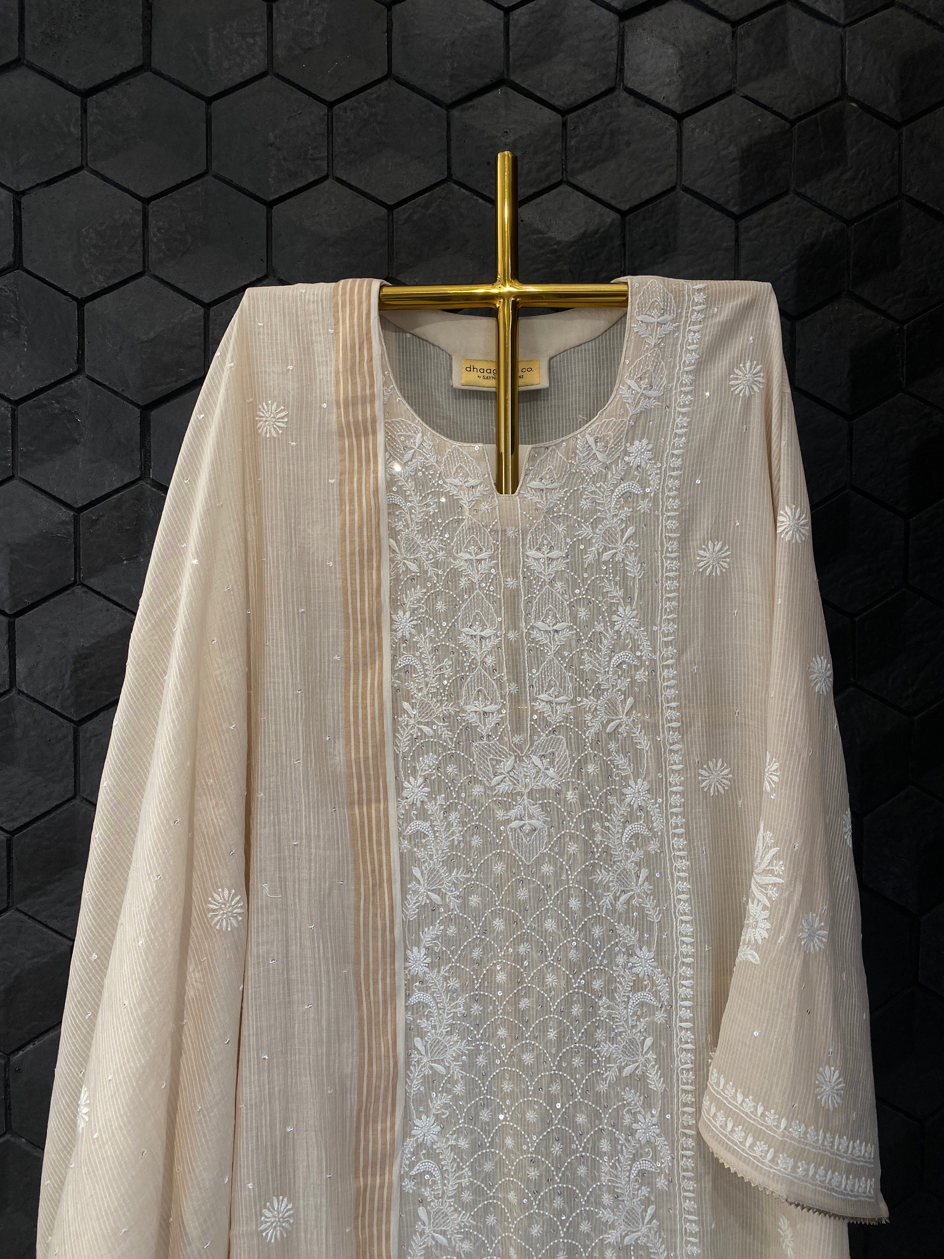 Beige Maheshwari  Chikankari Kurta  Set