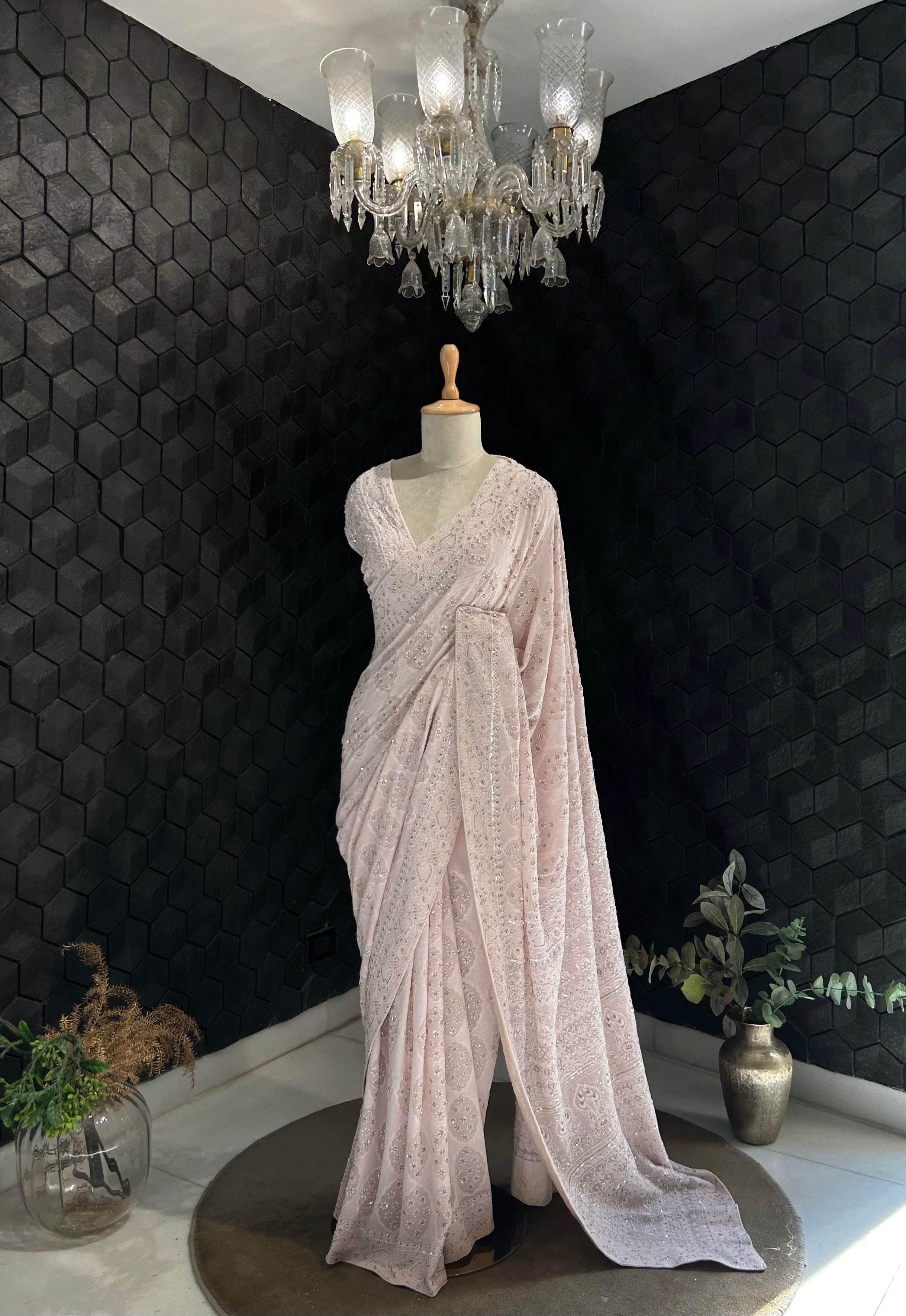 PREMIUM PINK GEORGETTE MOROCCAN JAAL CHIKANKARI SAREE