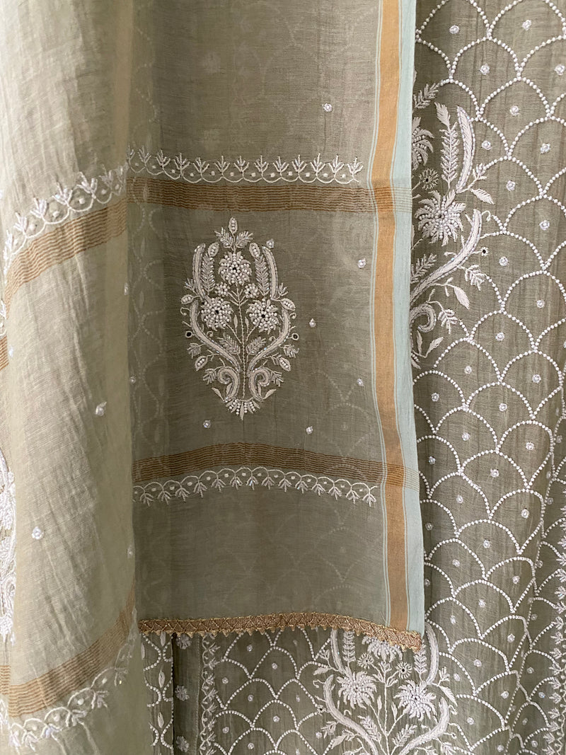 Sage Green Golden Tissue Chikankari Anarkali Set