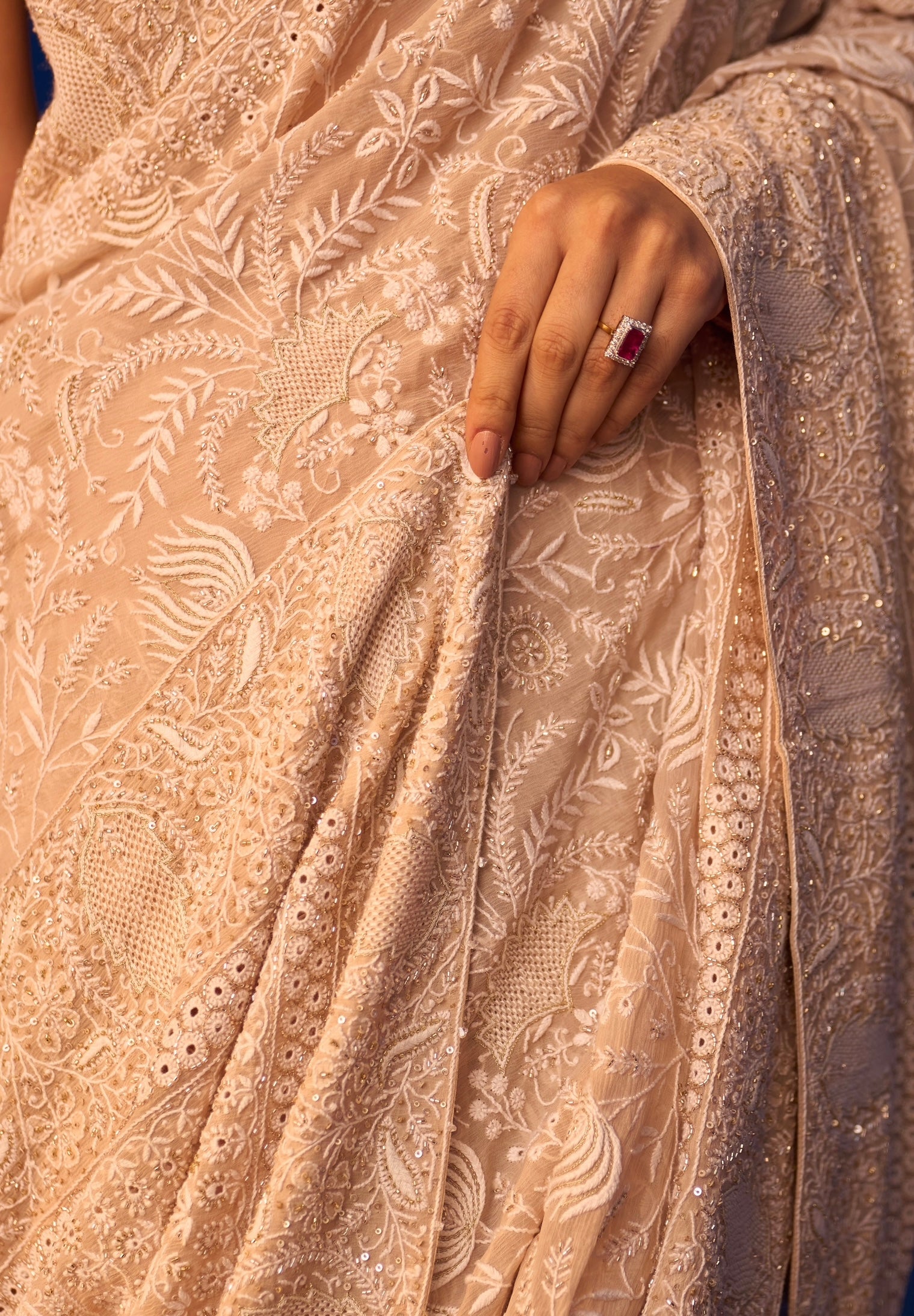 Beige Chiffon Intricate Chikankari Saree