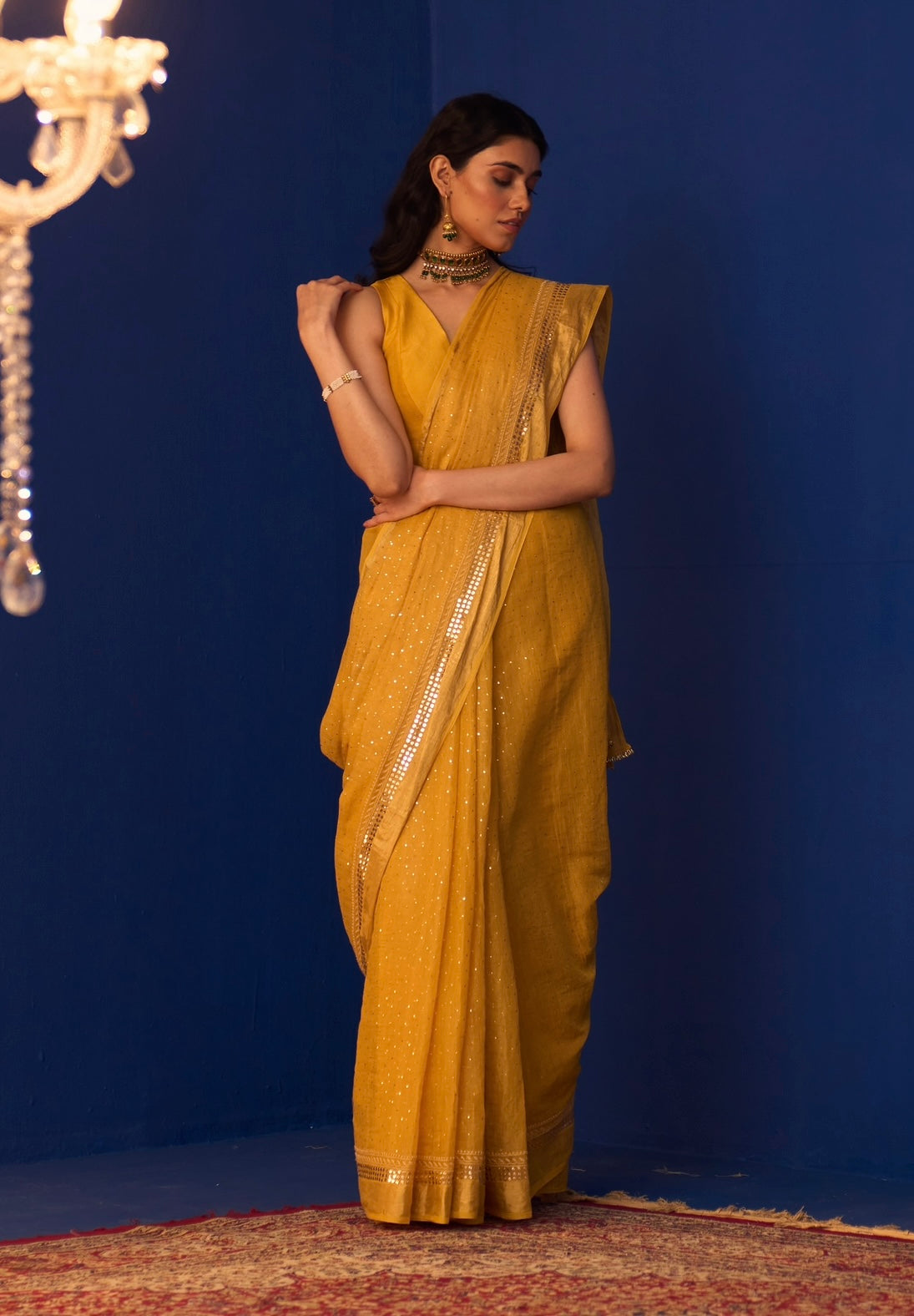 Mustard Yellow Tissue Saree with Chikankari and Mukaish work