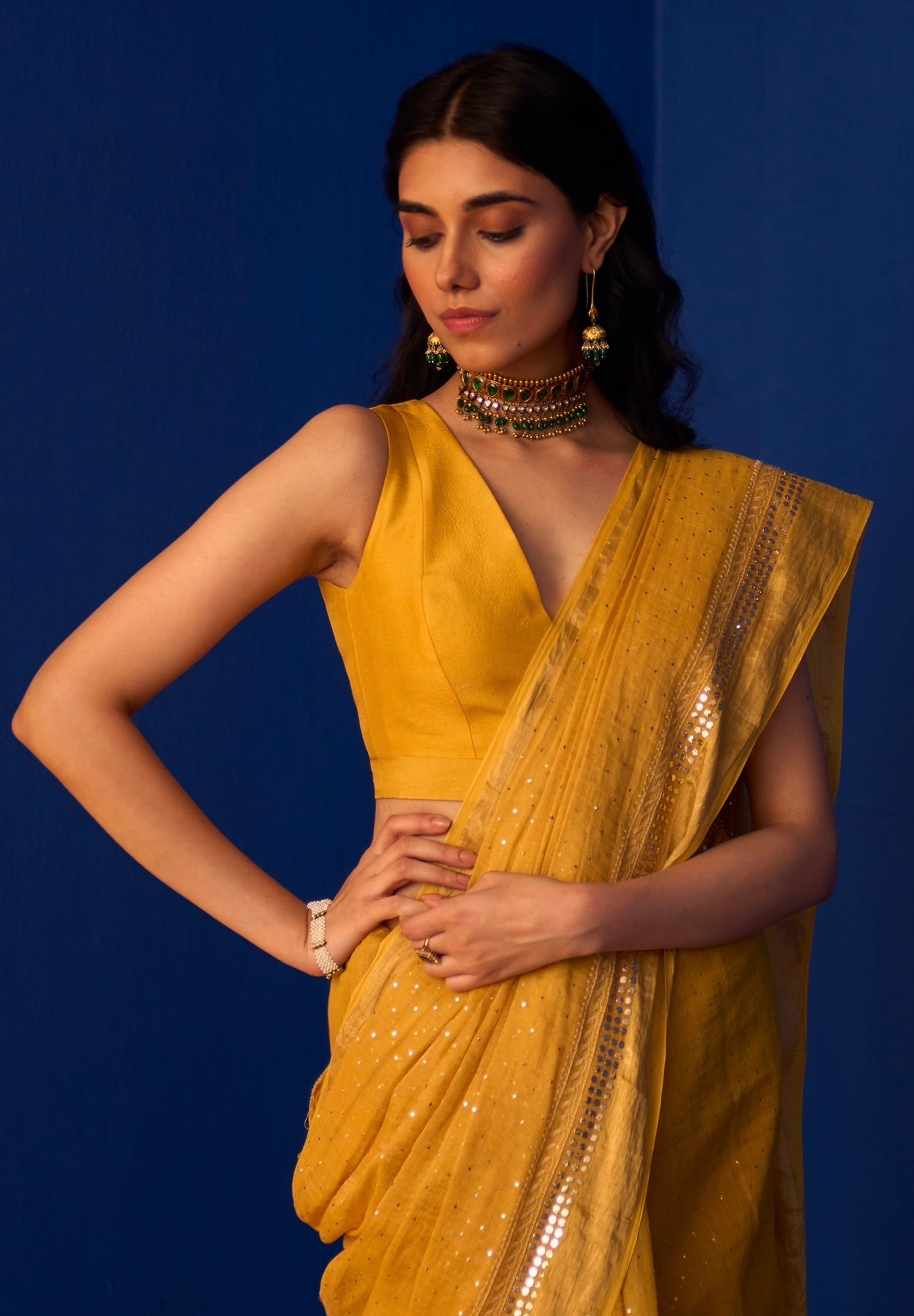 Mustard Yellow Tissue Saree with Chikankari and Mukaish work