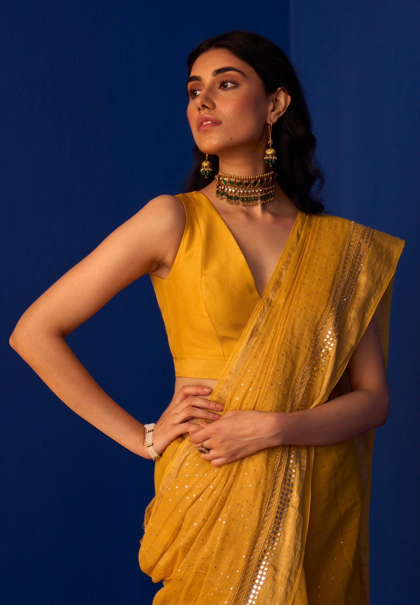 Mustard Yellow Tissue Saree with Chikankari and Mukaish work