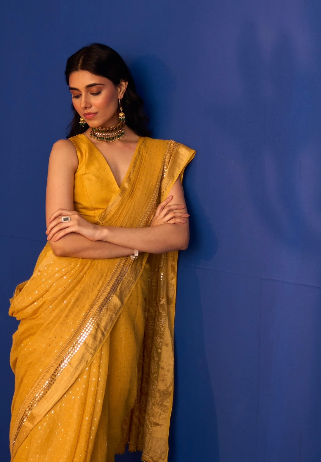 Mustard Yellow Tissue Saree with Chikankari and Mukaish work