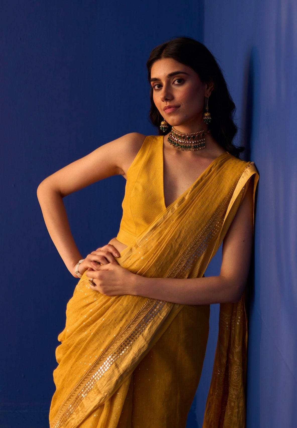 Mustard Yellow Tissue Saree with Chikankari and Mukaish work