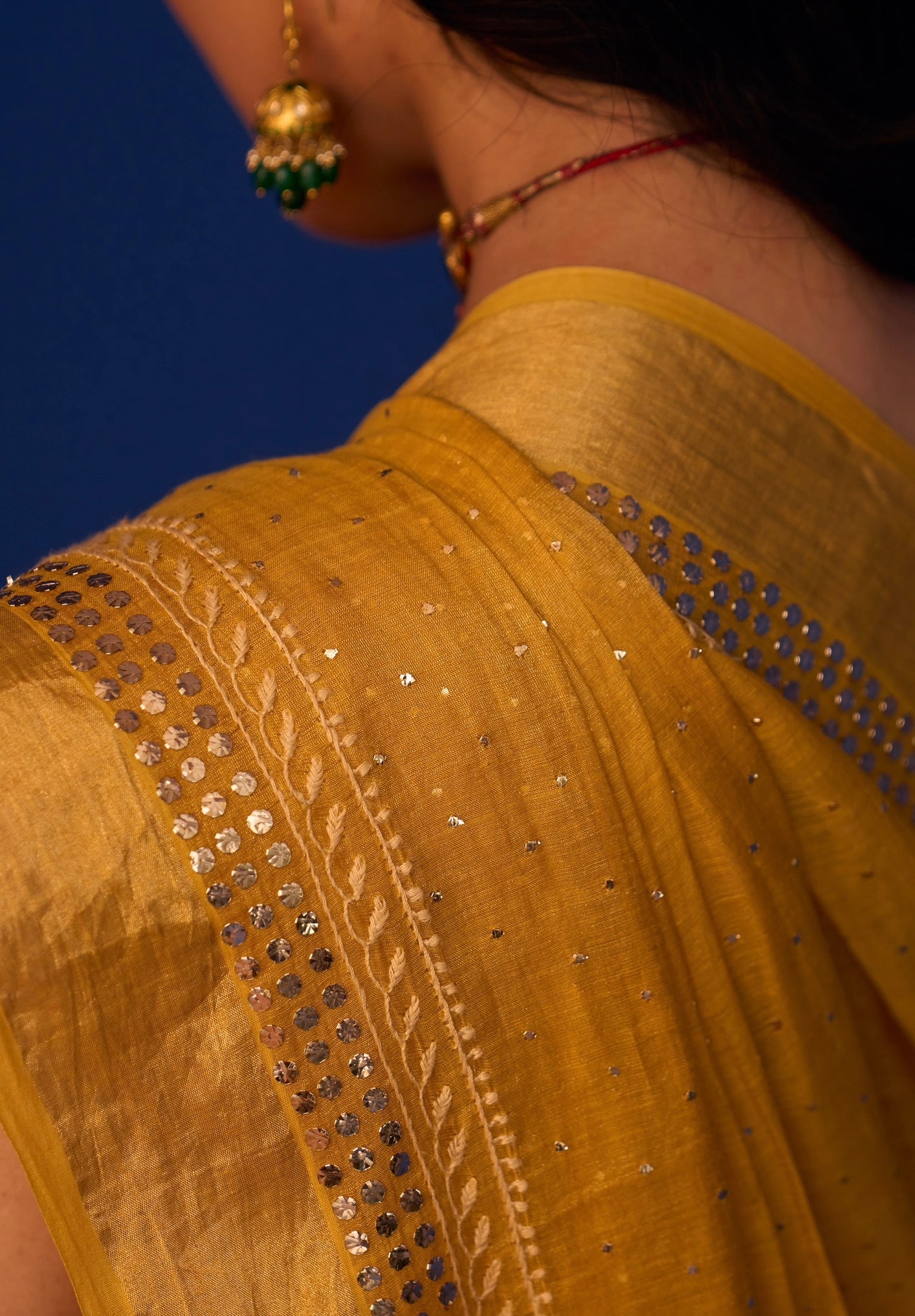 Mustard Yellow Tissue Saree with Chikankari and Mukaish work