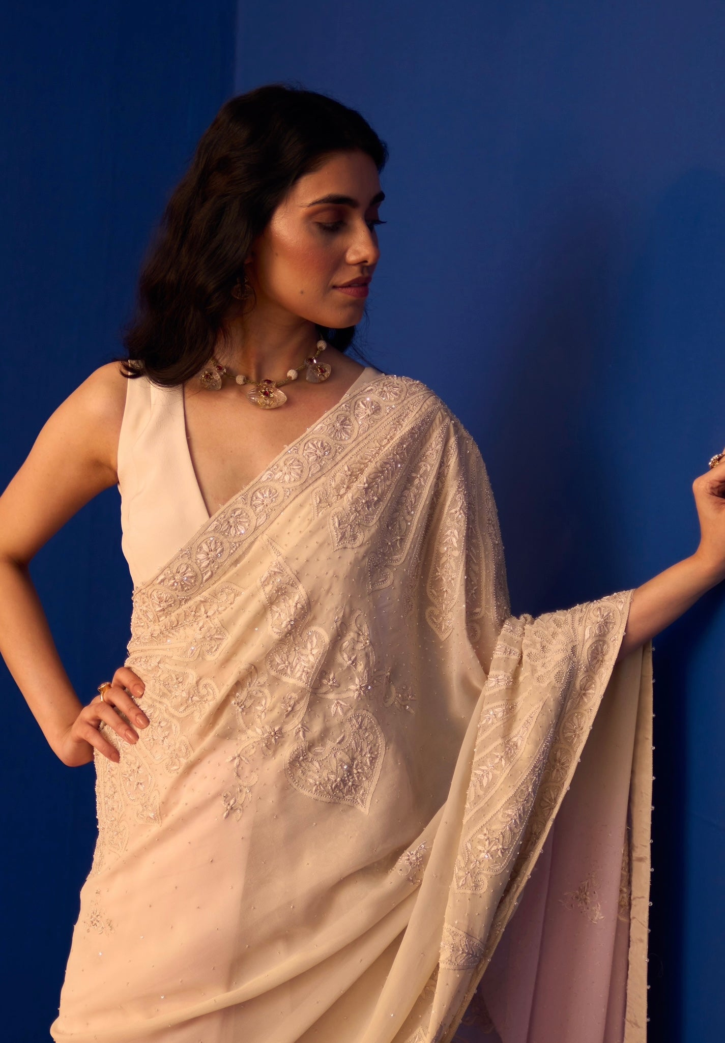 Mauve Shaded Georgette Ek-Taar Chikankari Saree