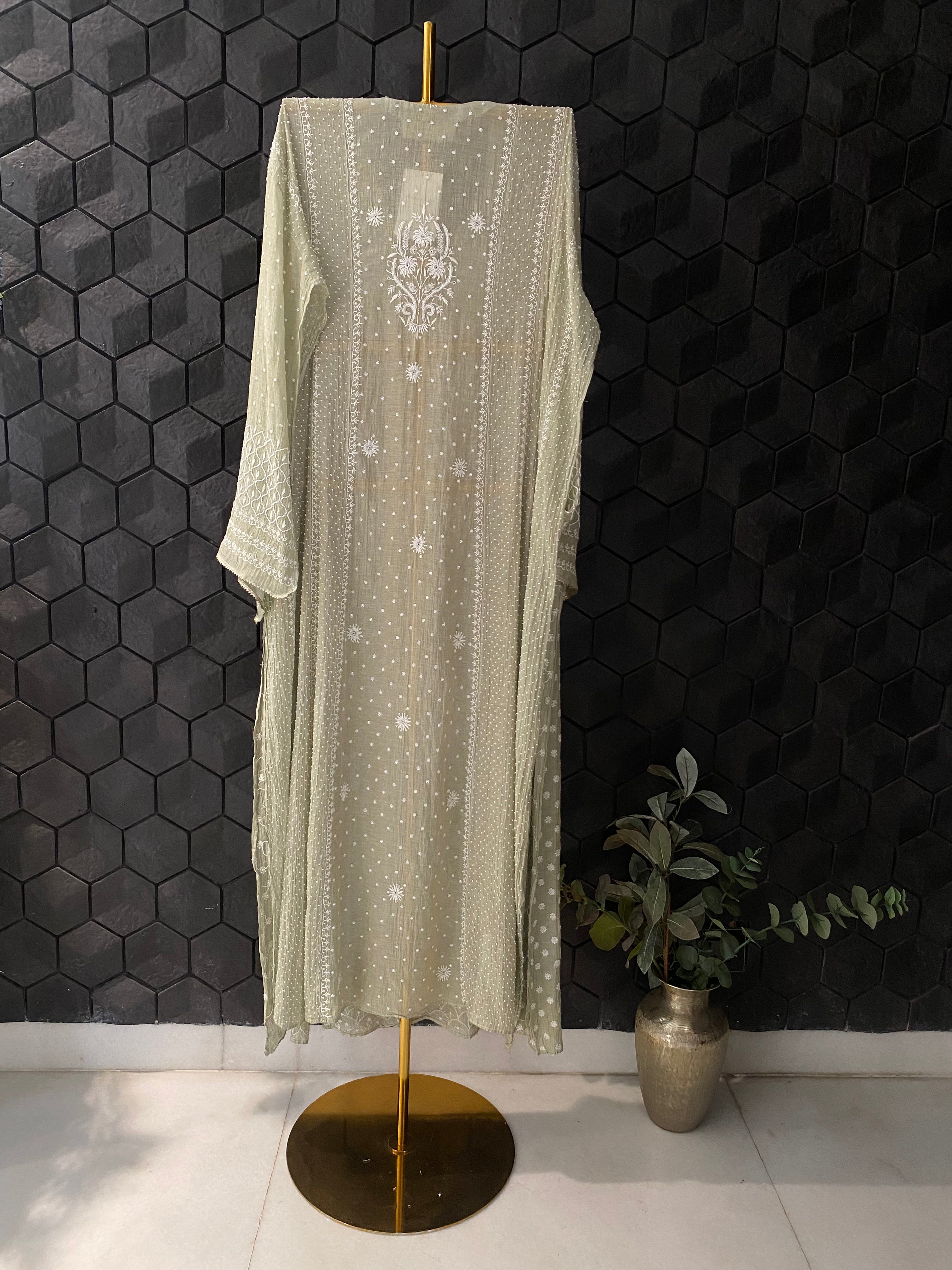 Sage Green Golden Tissue Chikankari Anarkali Set