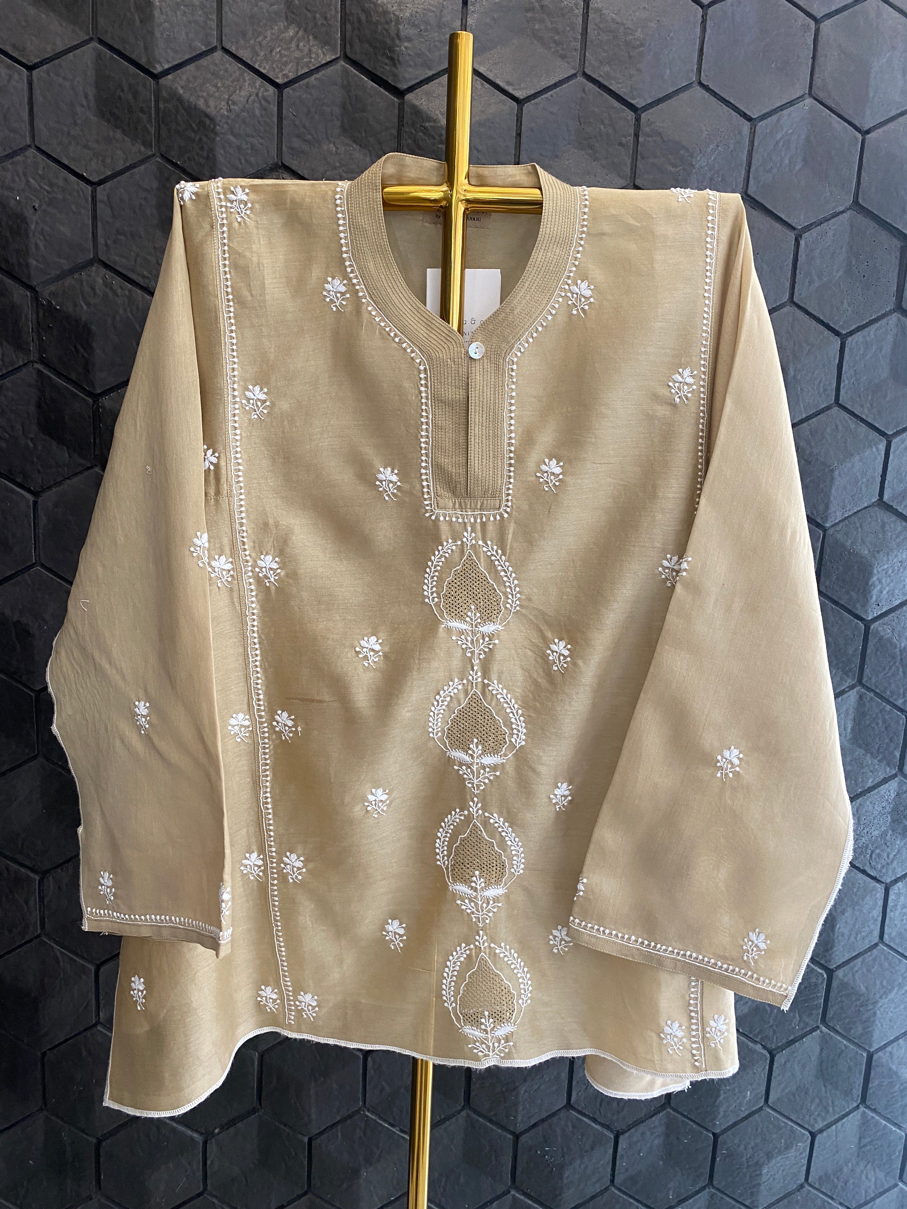 Chanderi chikankari awadhi jaali shirt.