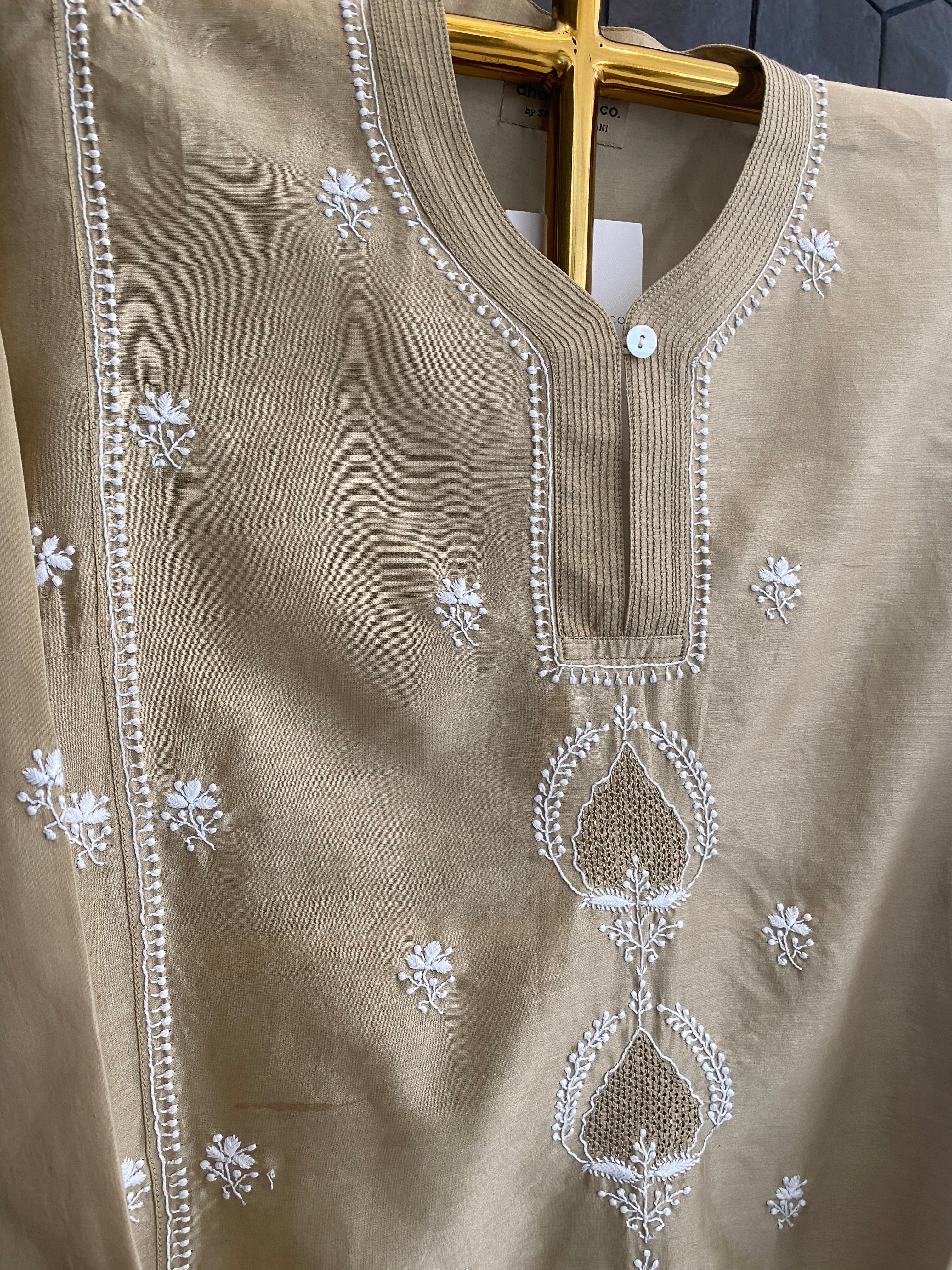 Chanderi chikankari awadhi jaali shirt.