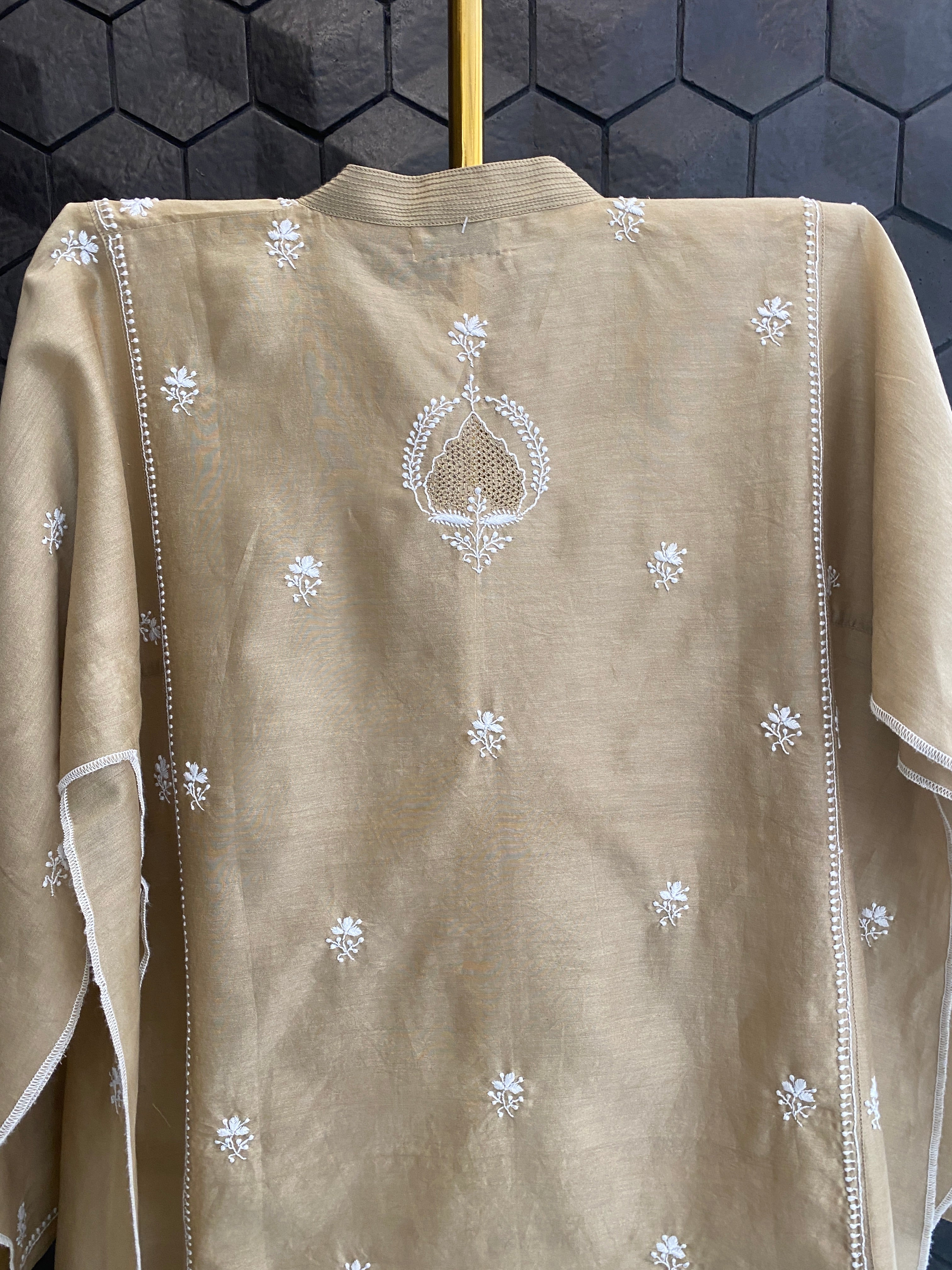 Chanderi chikankari awadhi jaali shirt.