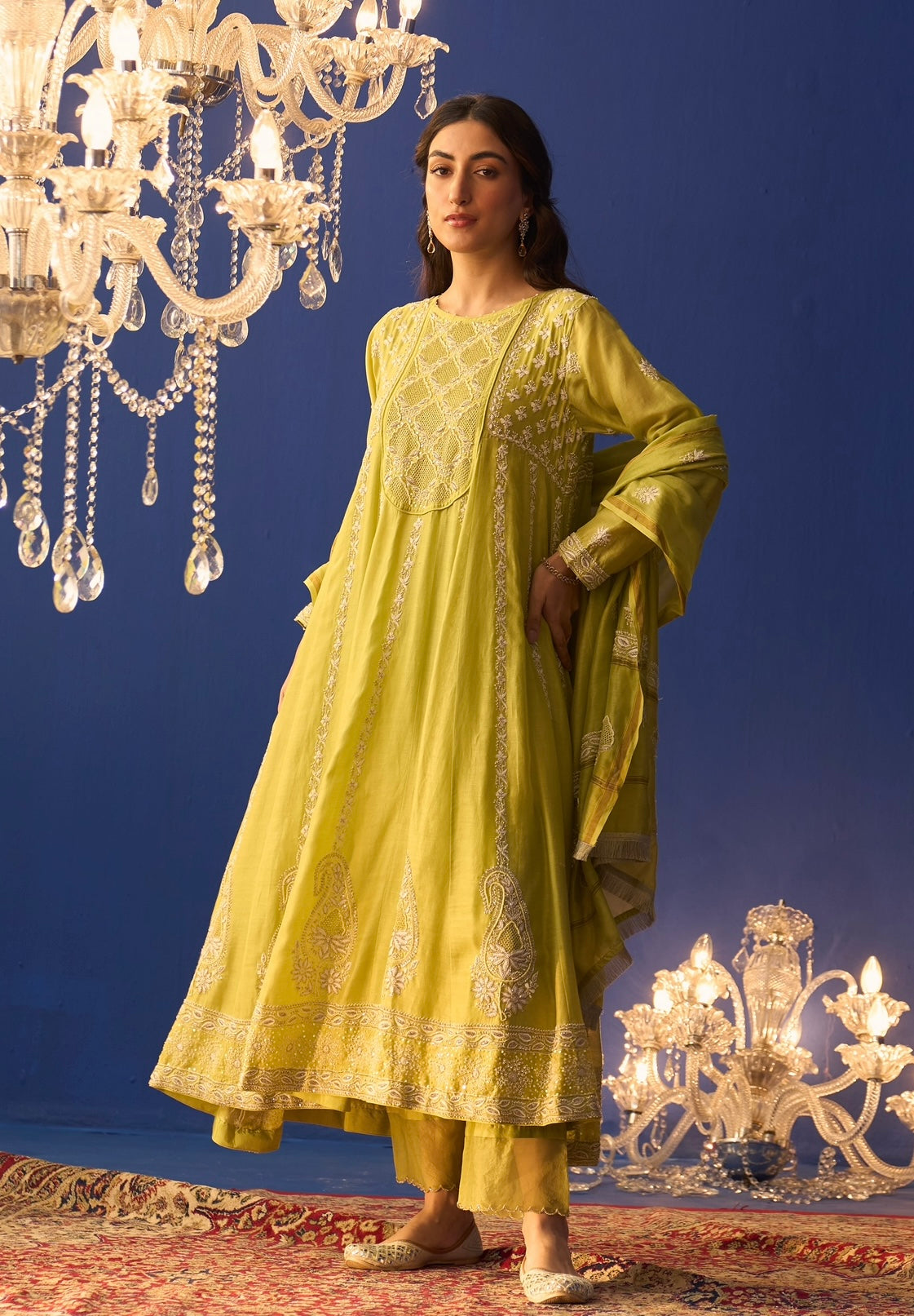 Lime Green Chanderi Chikankari Anarkali Set