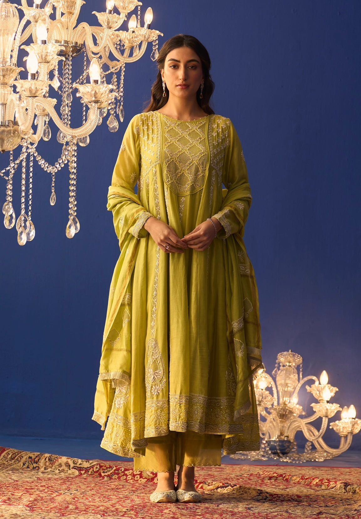 Lime Green Chanderi Chikankari Anarkali Set