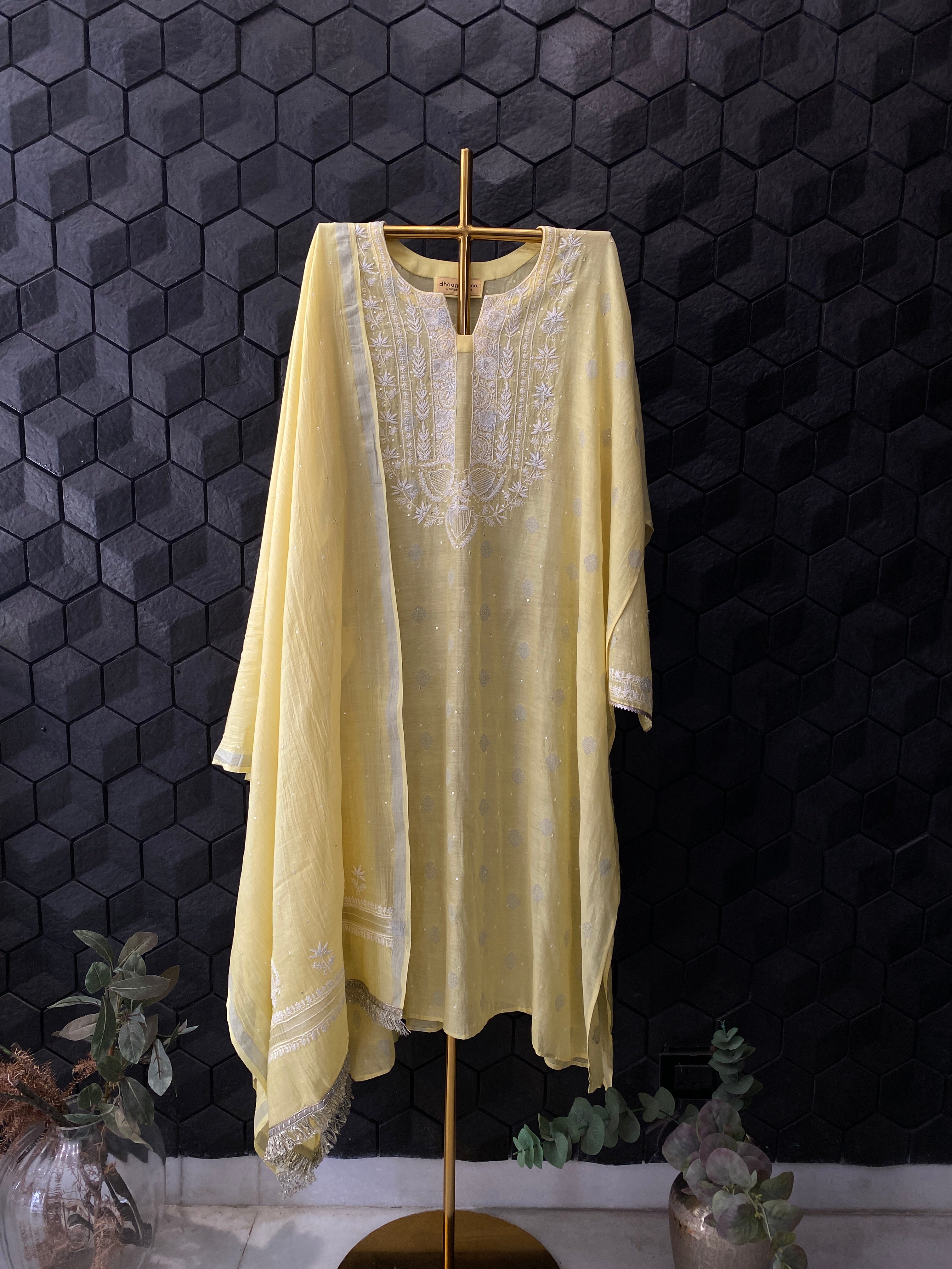 Yellow Mul Chanderi Chikankari Kurta Set